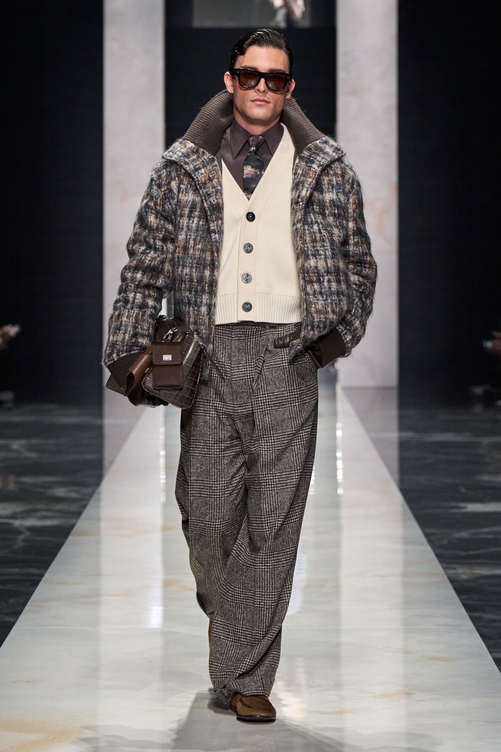 brown wool relaxed pleated wide-leg pants