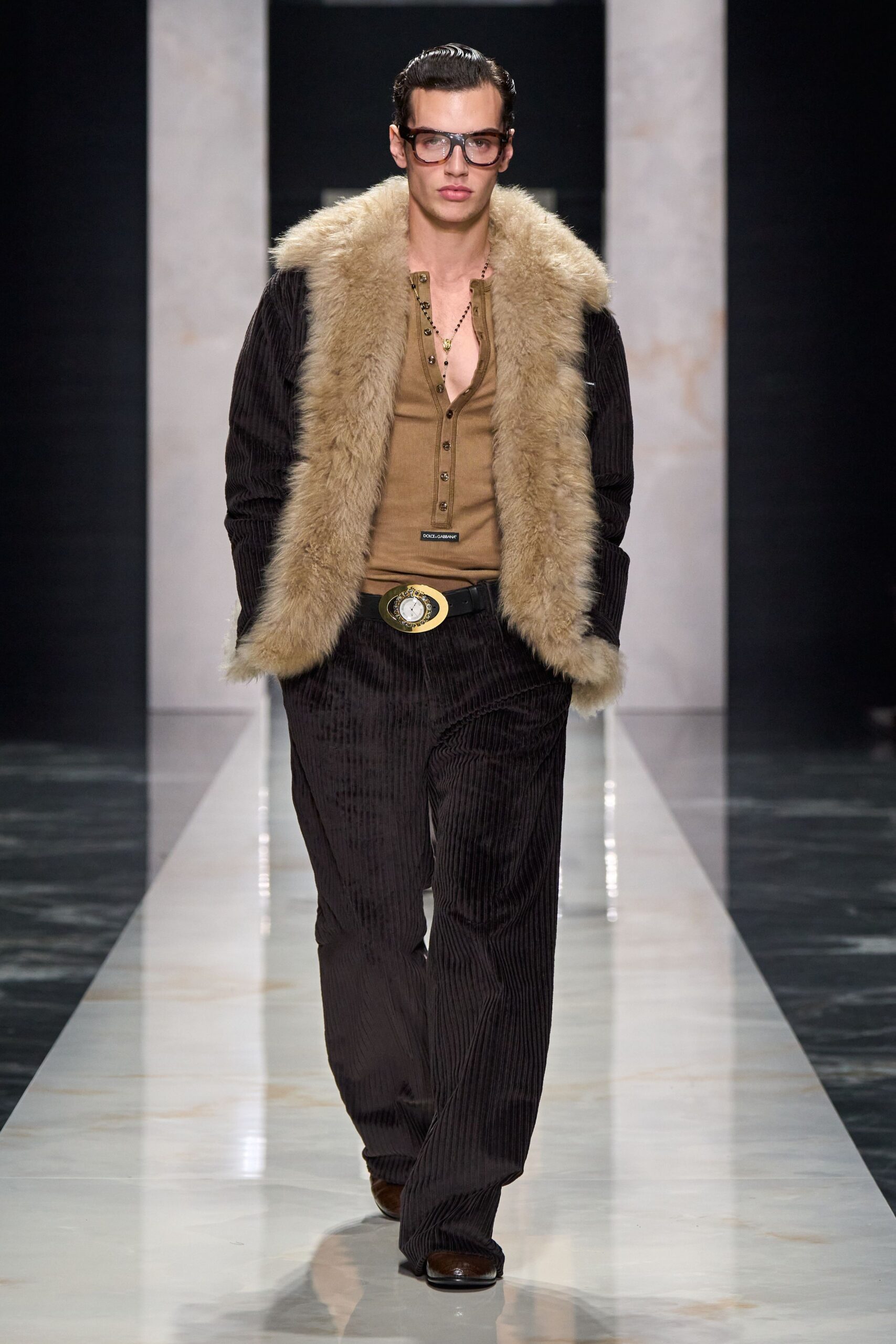 brown faux-fur jacket with shirt and pants