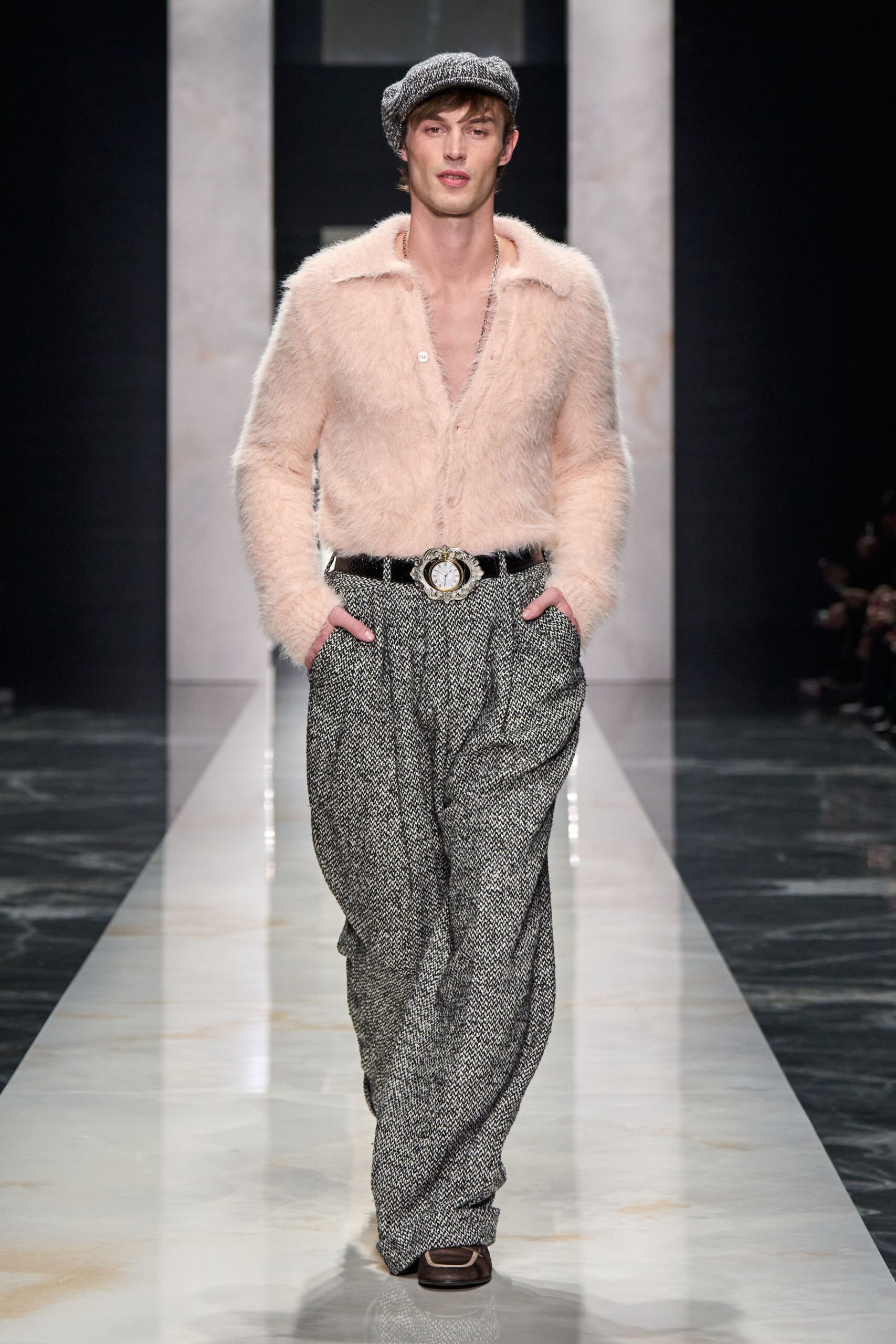 pink fur long-sleeve v-neck relaxed cardigan