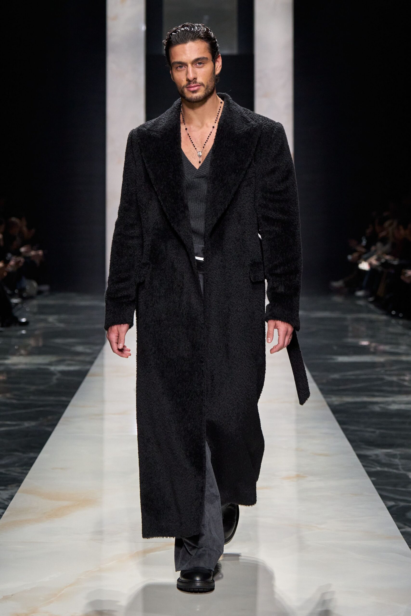 black faux-fur long-sleeve collared relaxed belted coat