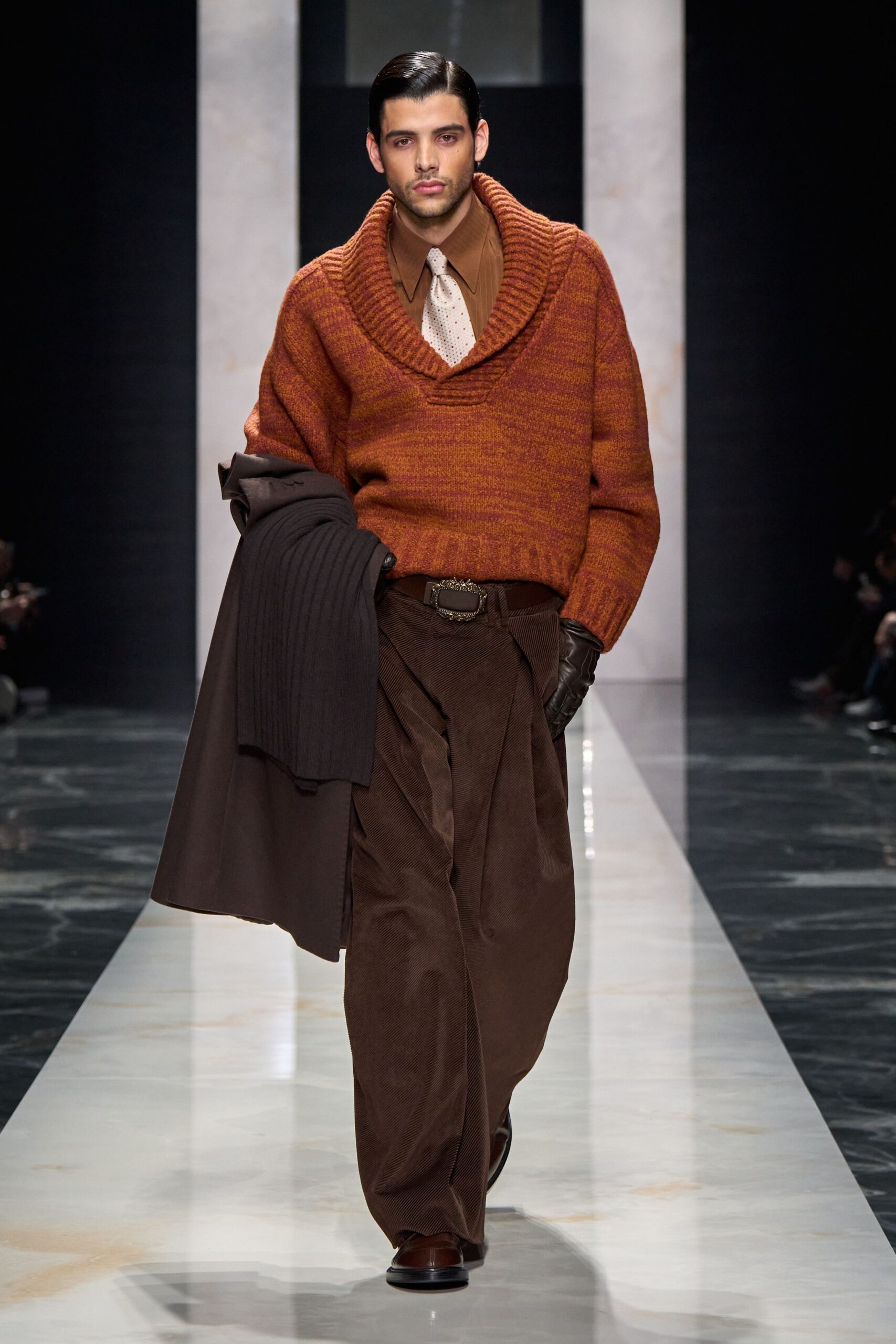 orange wool long-sleeve collared relaxed textured sweater