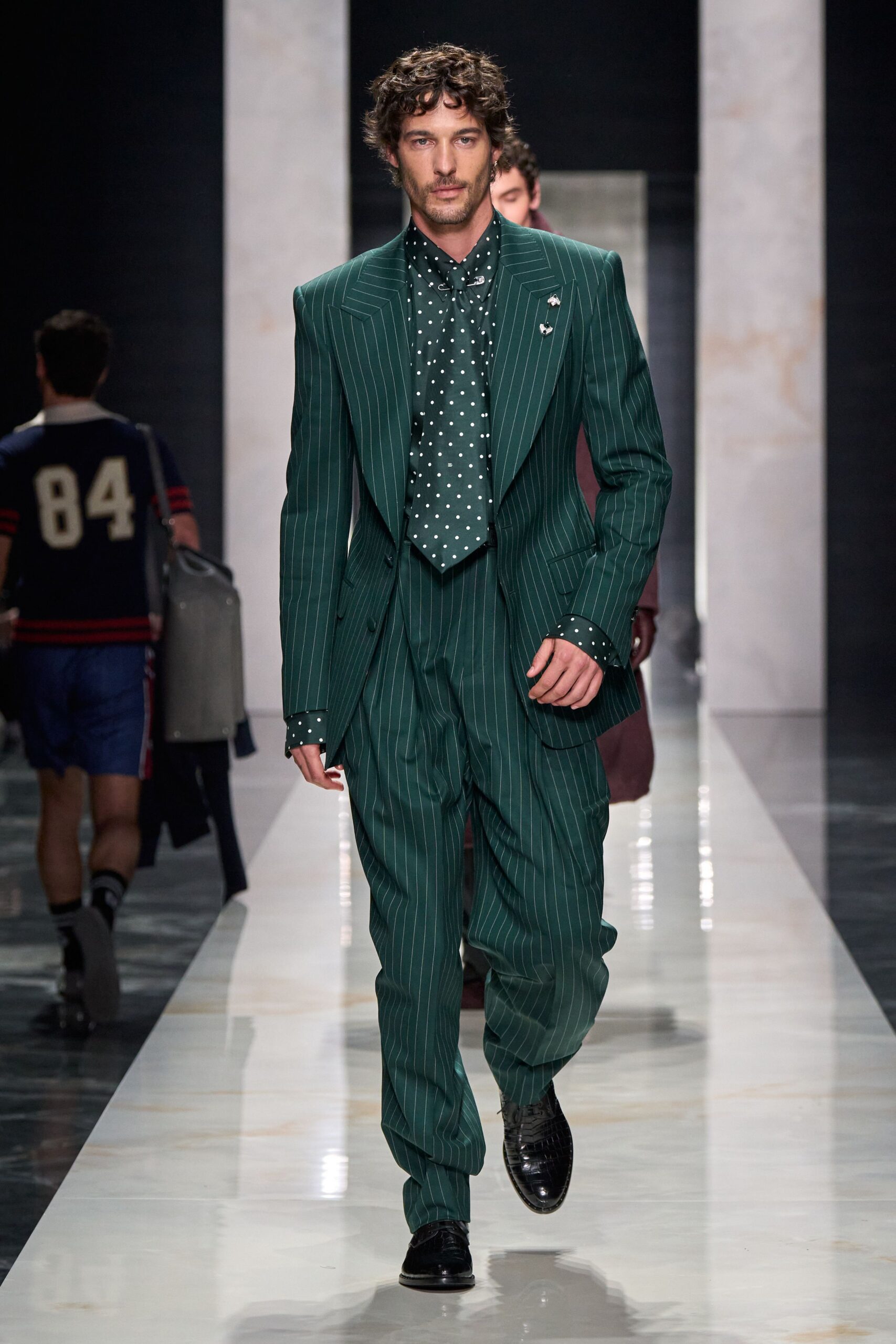 green cotton long-sleeve collared tailored striped suit