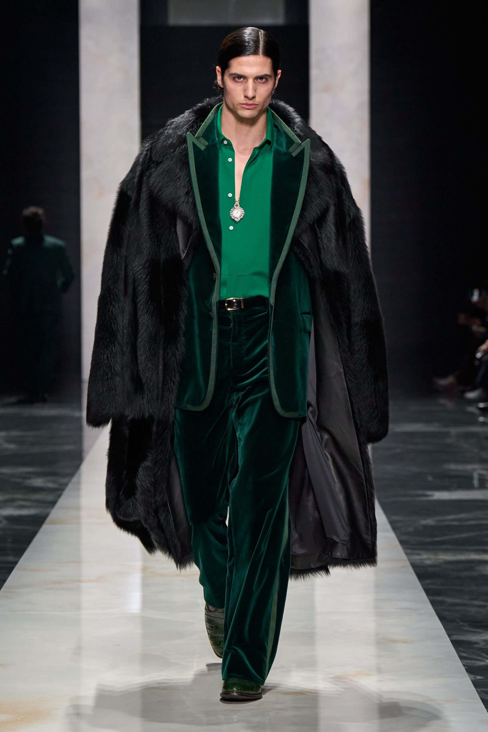 green silk long-sleeve collared fitted shirt
