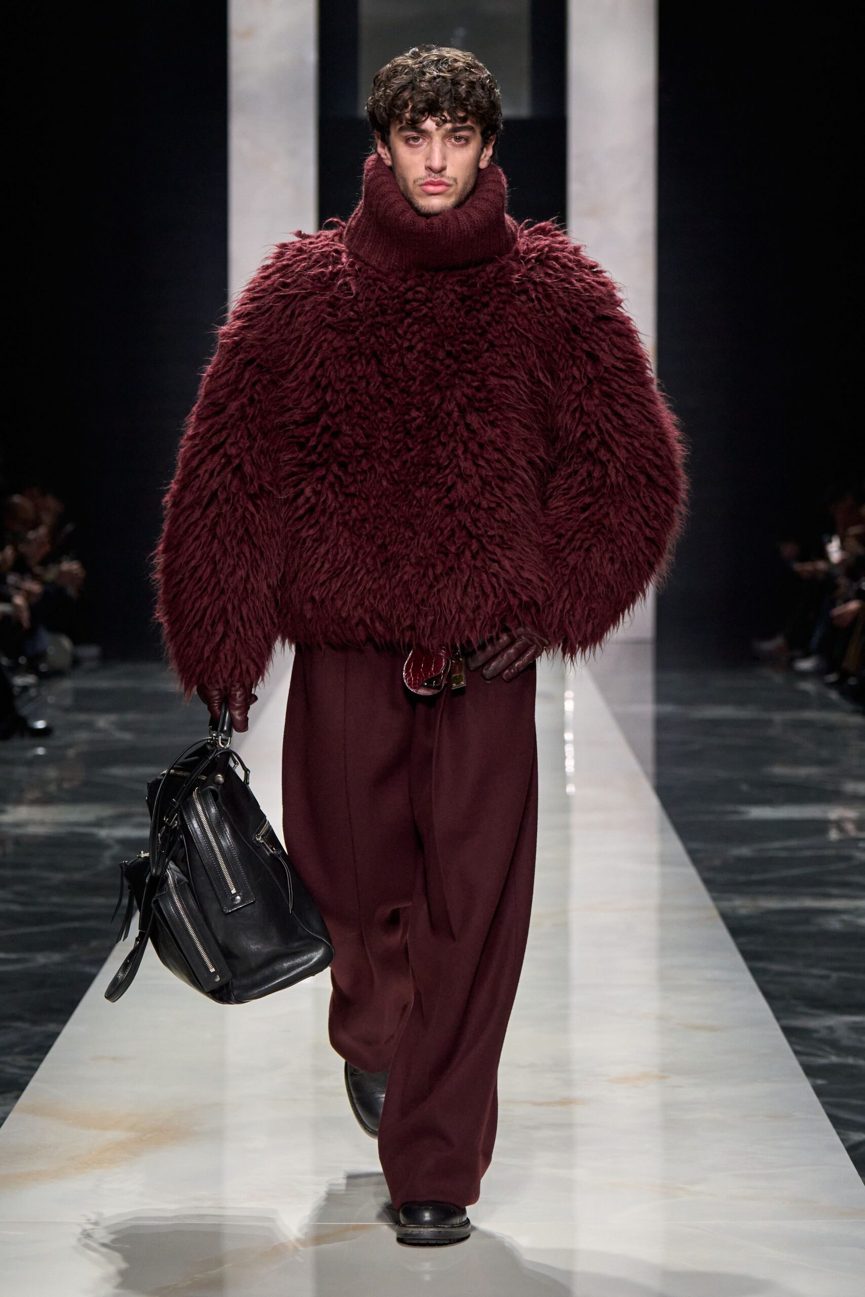 maroon fur long-sleeve turtleneck oversized textured sweater