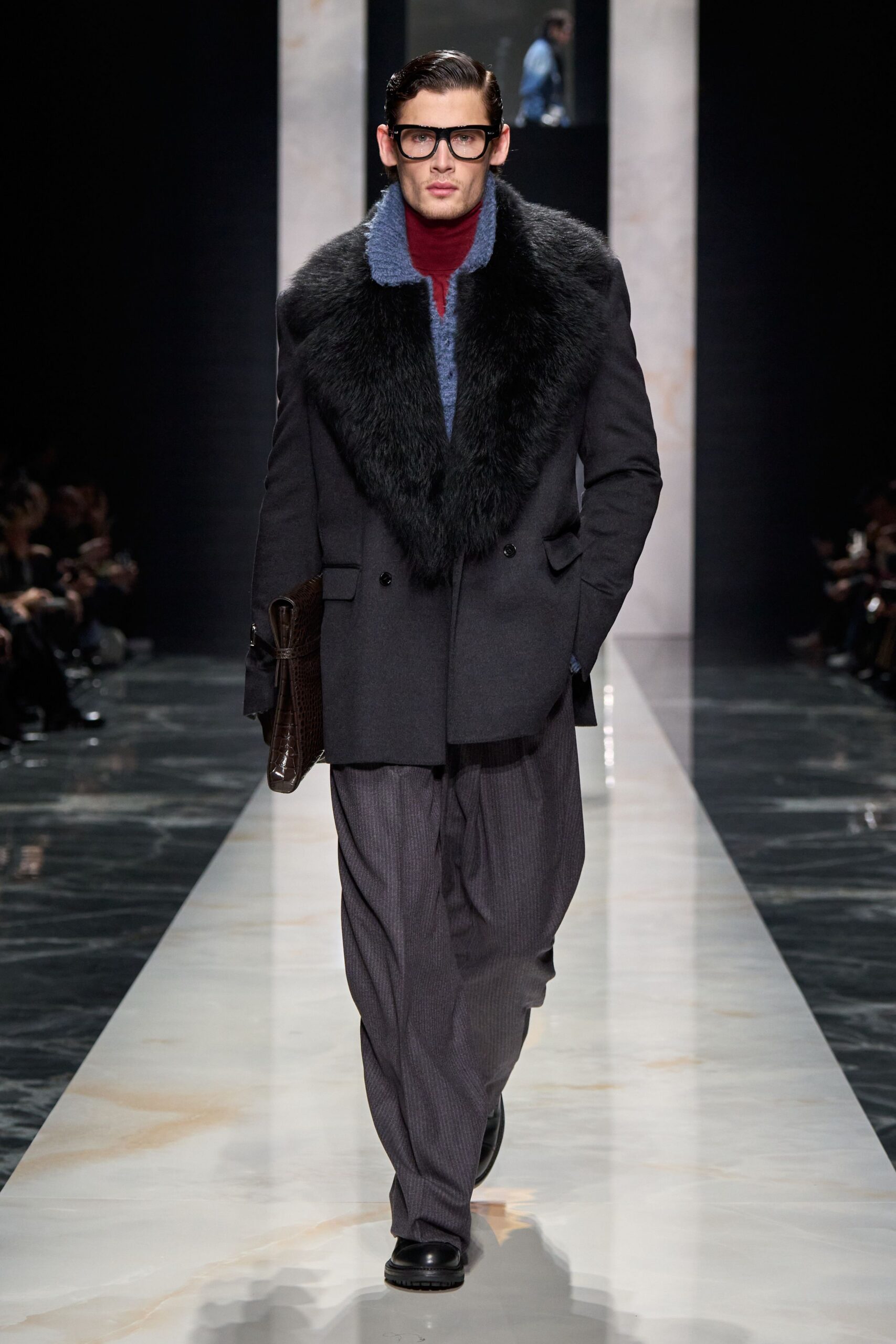 black wool long-sleeve collared tailored fringed coat