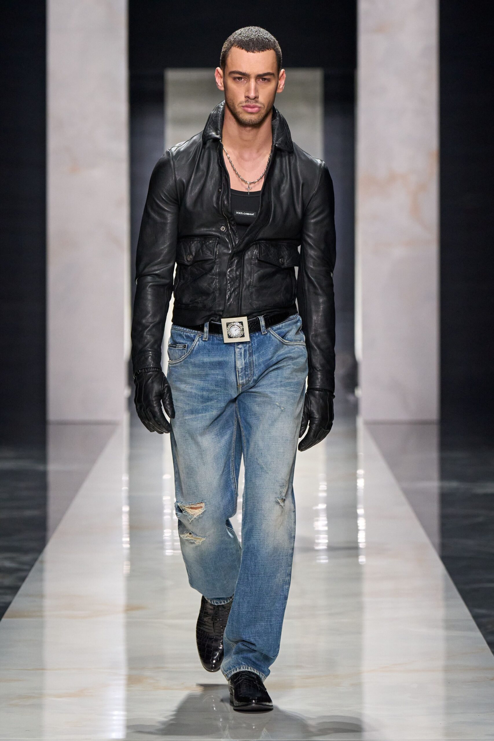 black leather jacket with distressed jeans