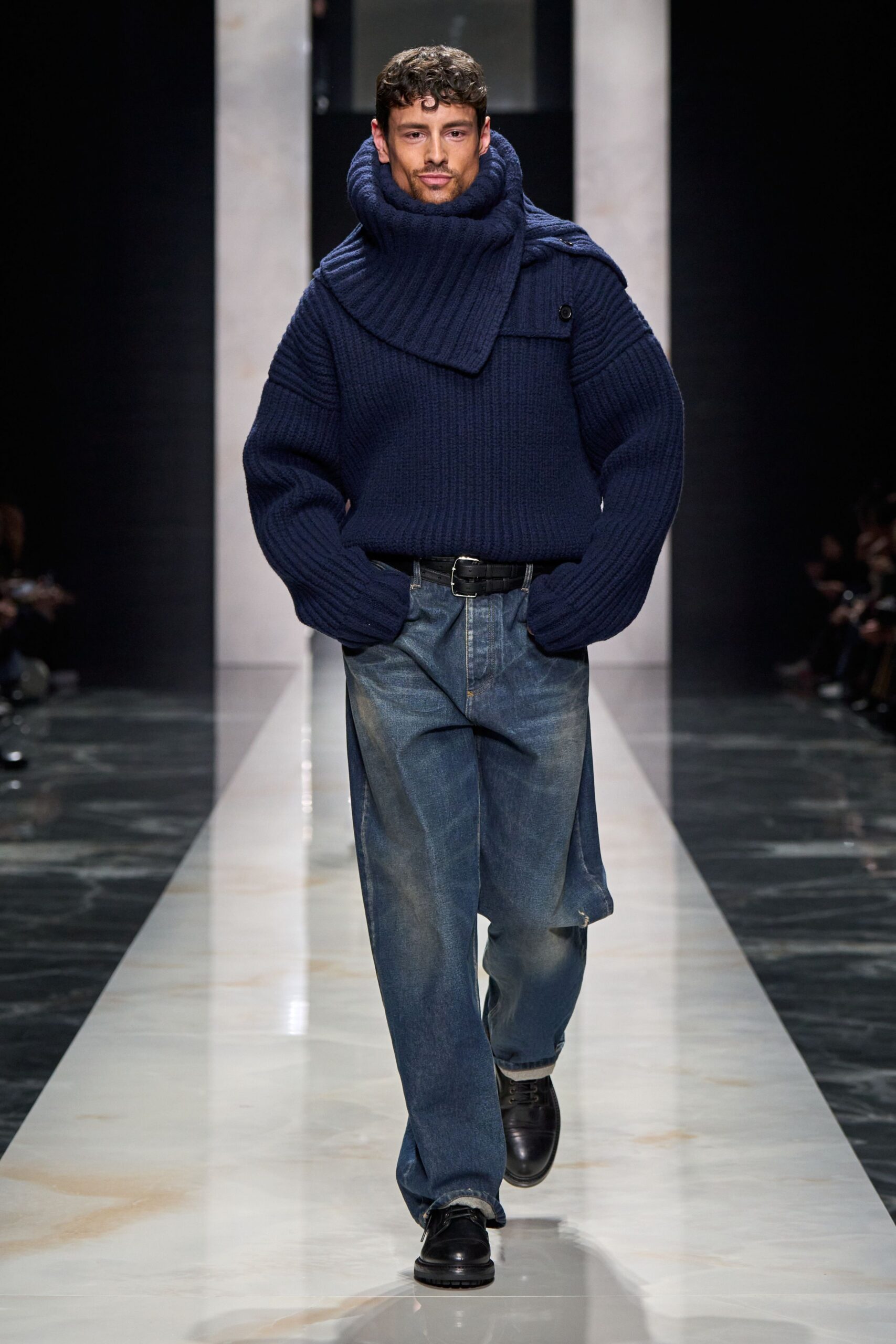 blue wool long-sleeve high-neck oversized ribbed sweater