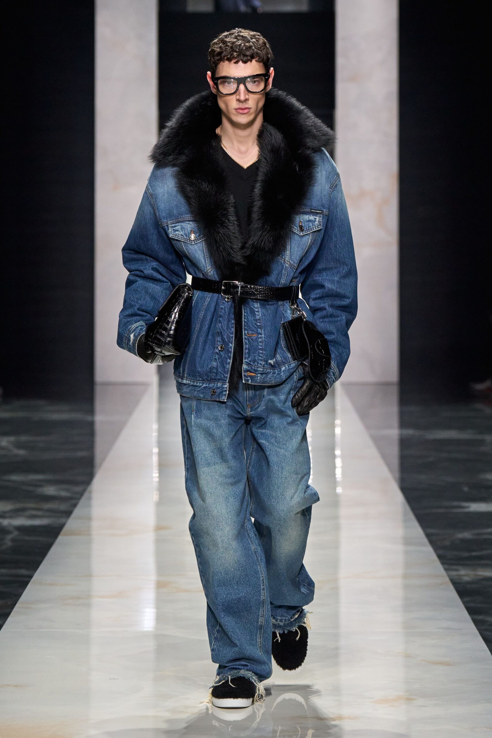 relaxed blue denim jacket with black accessories