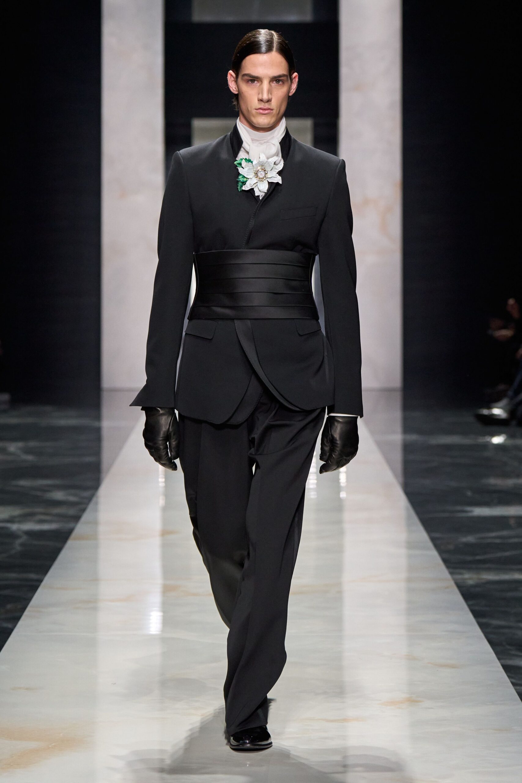 black tailored suit with gloves