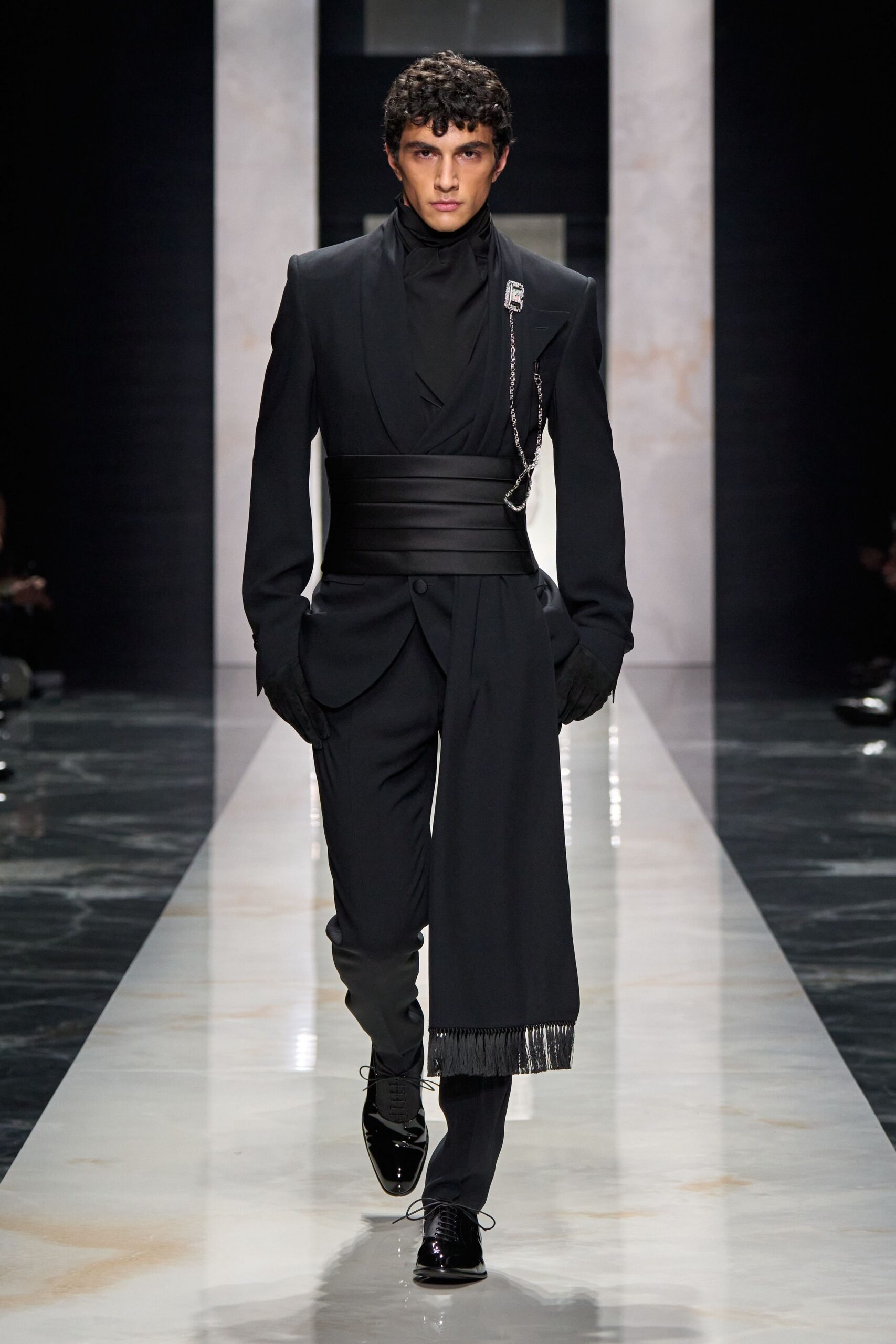 black wool long-sleeve collared fitted buttoned zippered suit