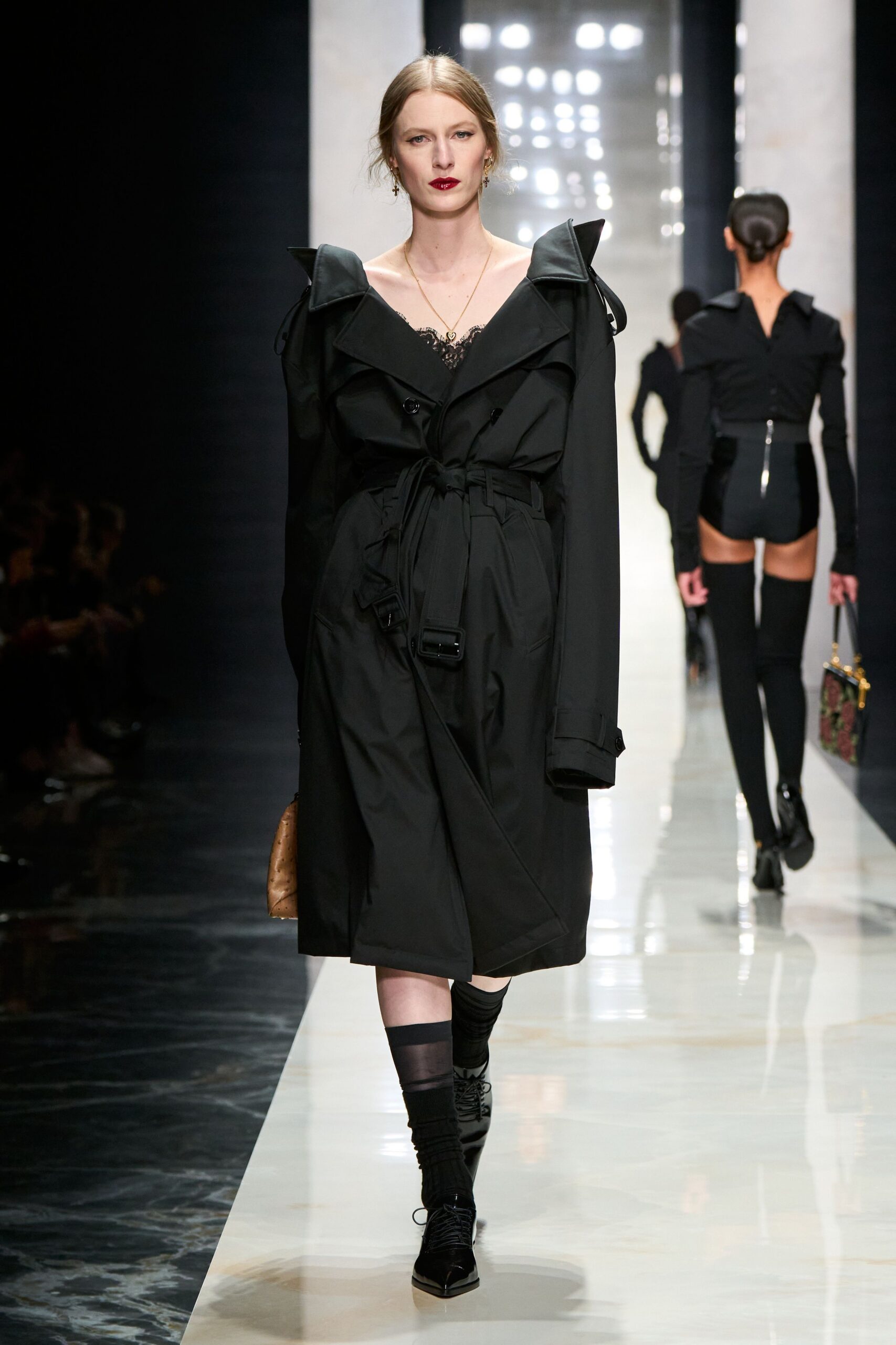 black cotton long-sleeve collared relaxed belted midi coat