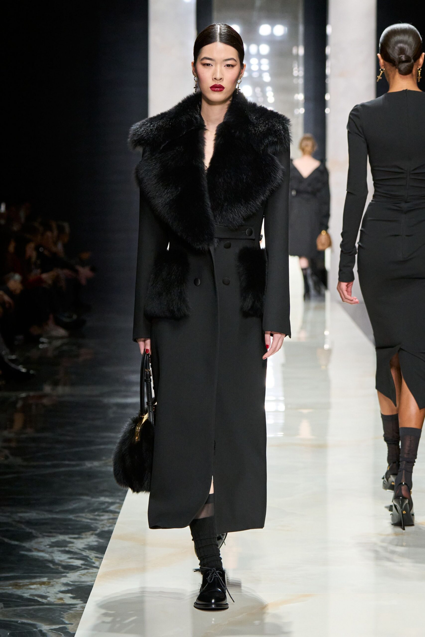 black fur long-sleeve collared fitted belted maxi coat