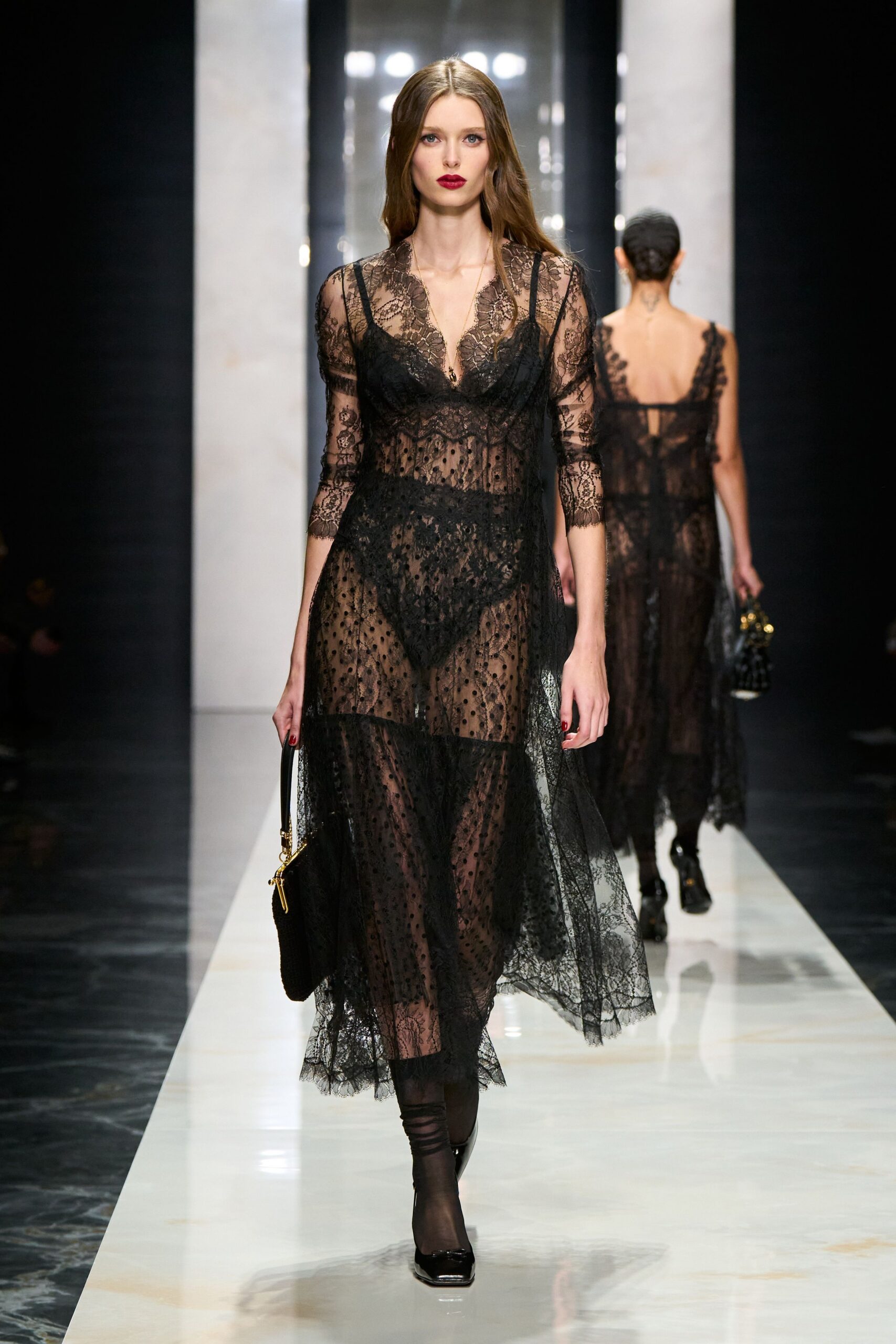 black lace long-sleeve v-neck fitted layered dress
