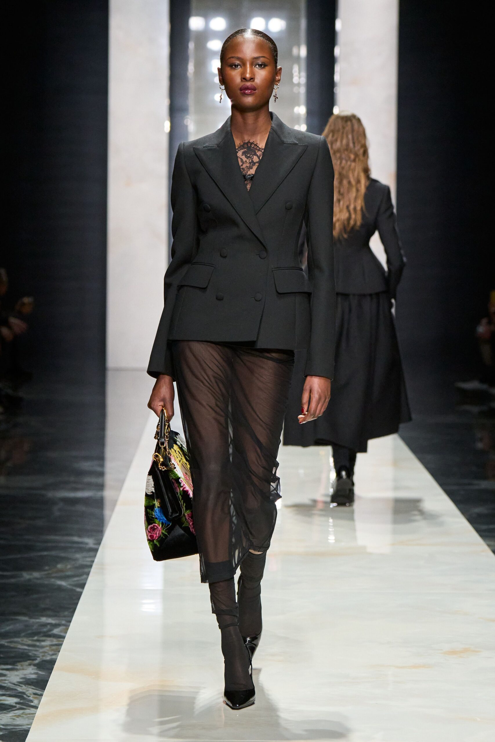 black fitted straight-leg sheer pants