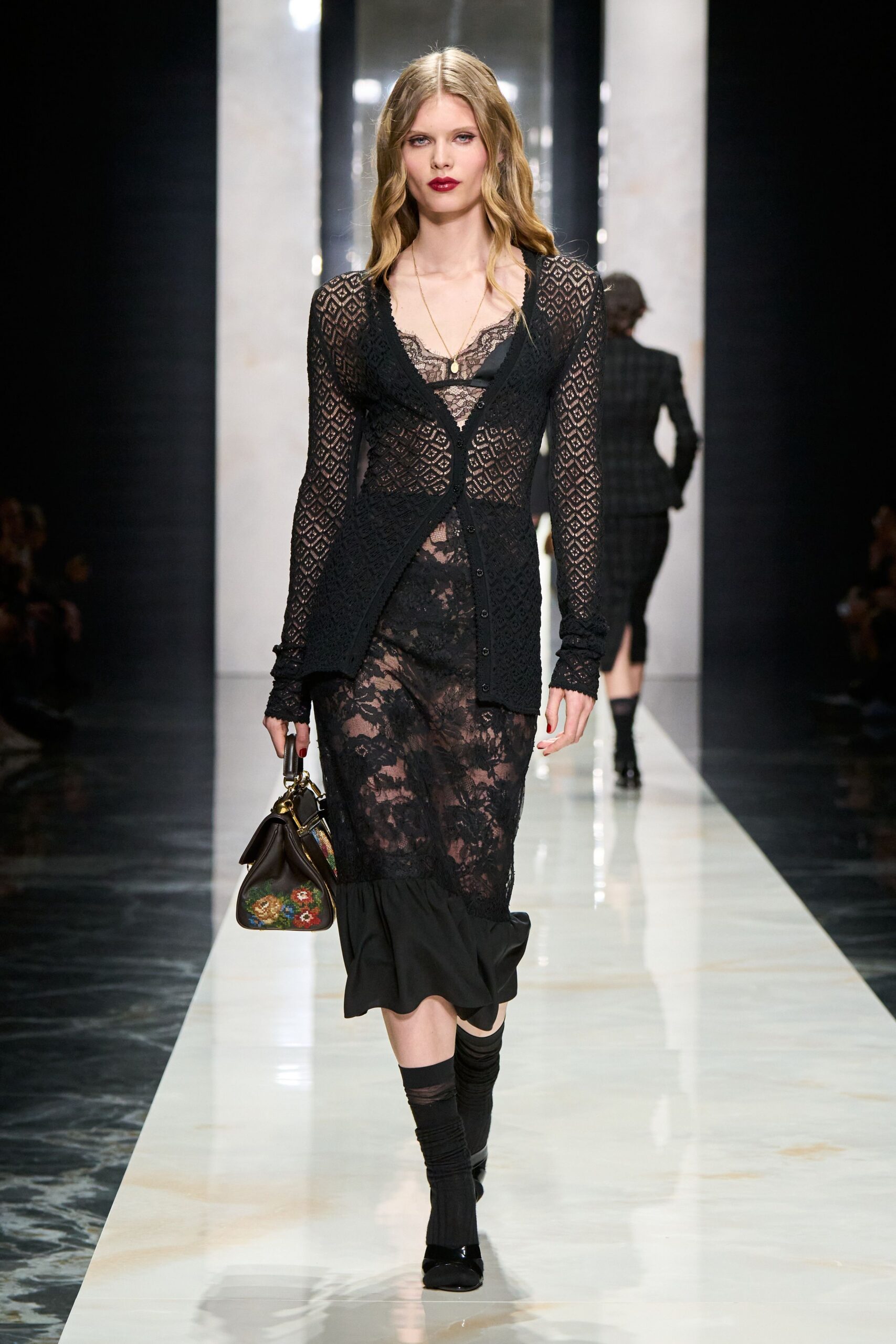 black lace long-sleeve v-neck fitted layered sheer dress