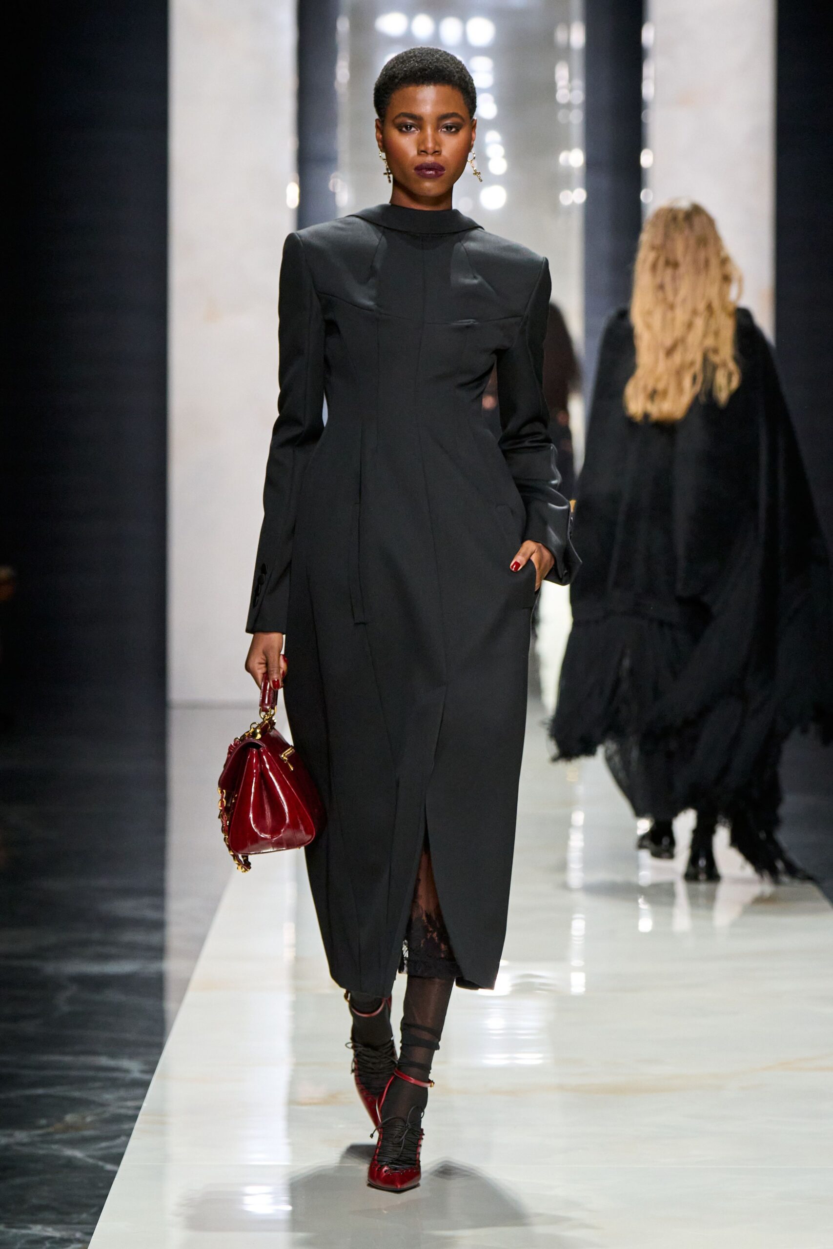 black silk long-sleeve high-neck fitted zippered midi dress
