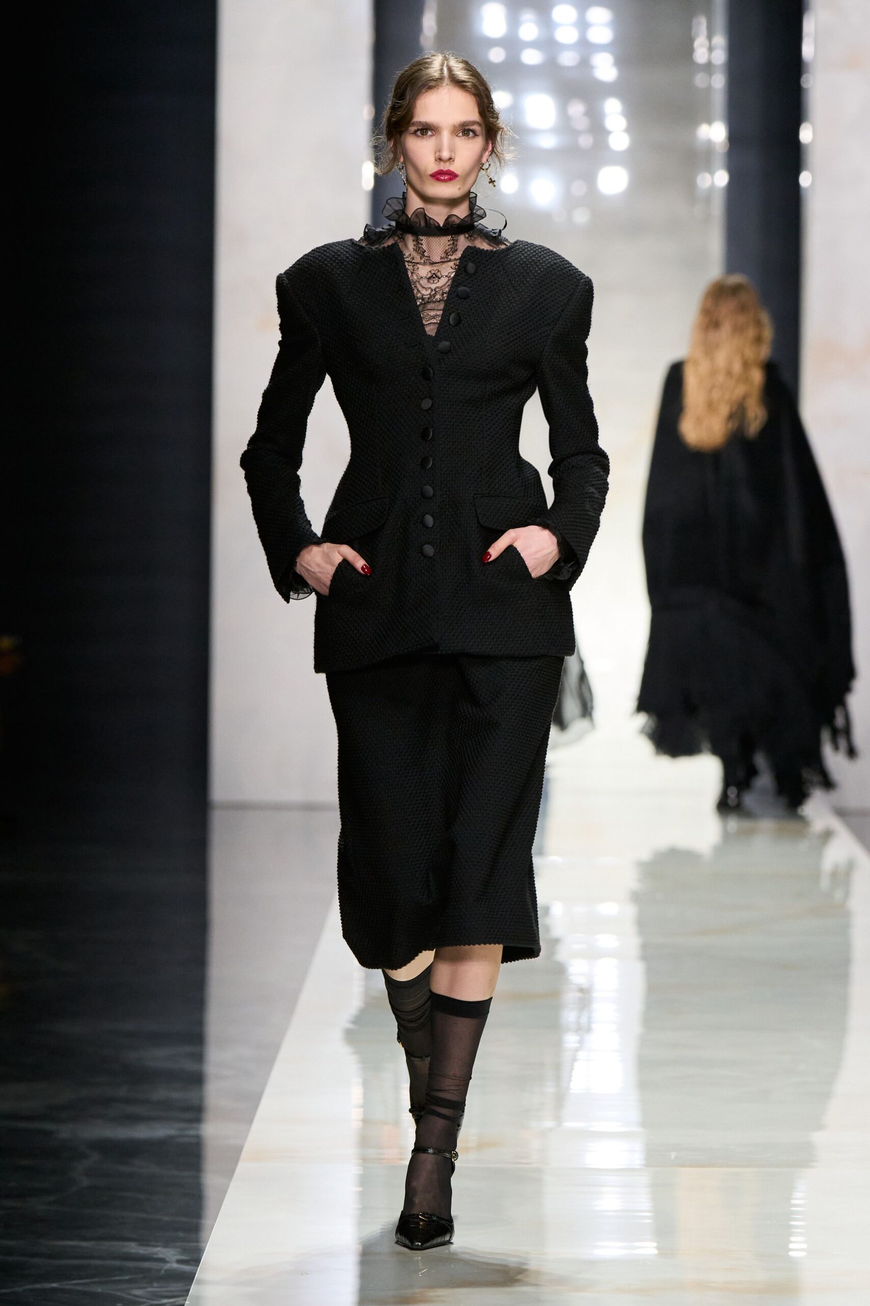 black cotton long-sleeve collared tailored structured buttoned blazer
