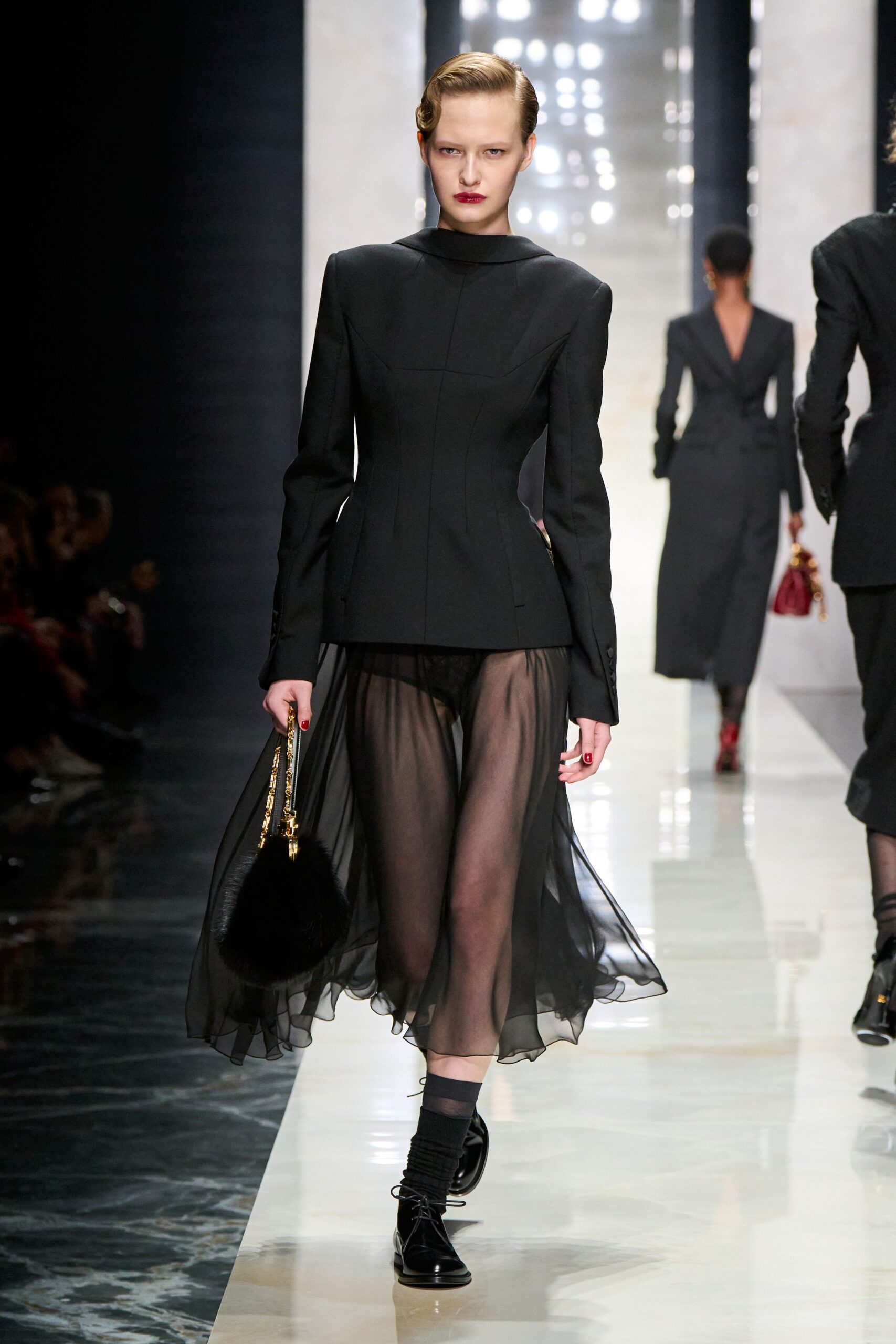 black silk long-sleeve collared structured buttoned blazer