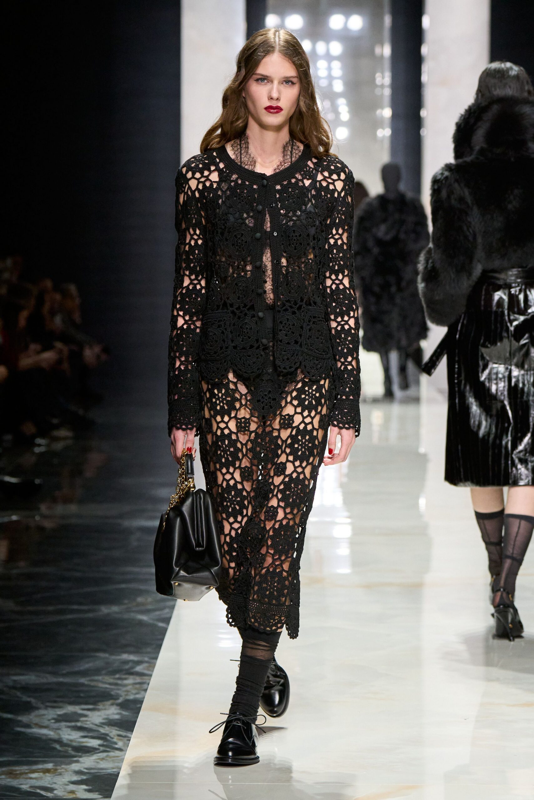 black crochet long-sleeve collared fitted layered jacket