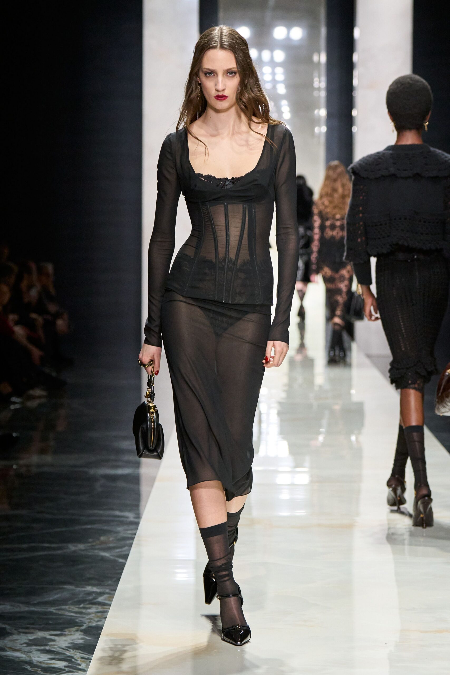 black mesh long-sleeve v-neck fitted ruched dress