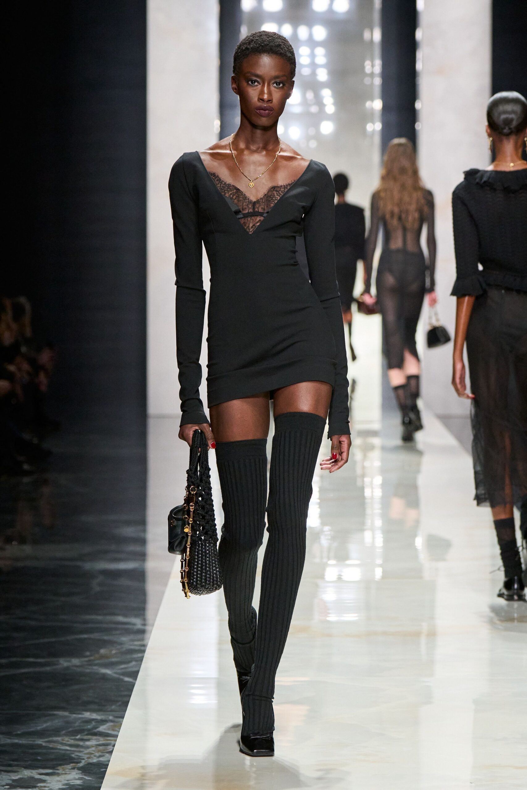 black silk long-sleeve v-neck fitted ruched mini mini-dress