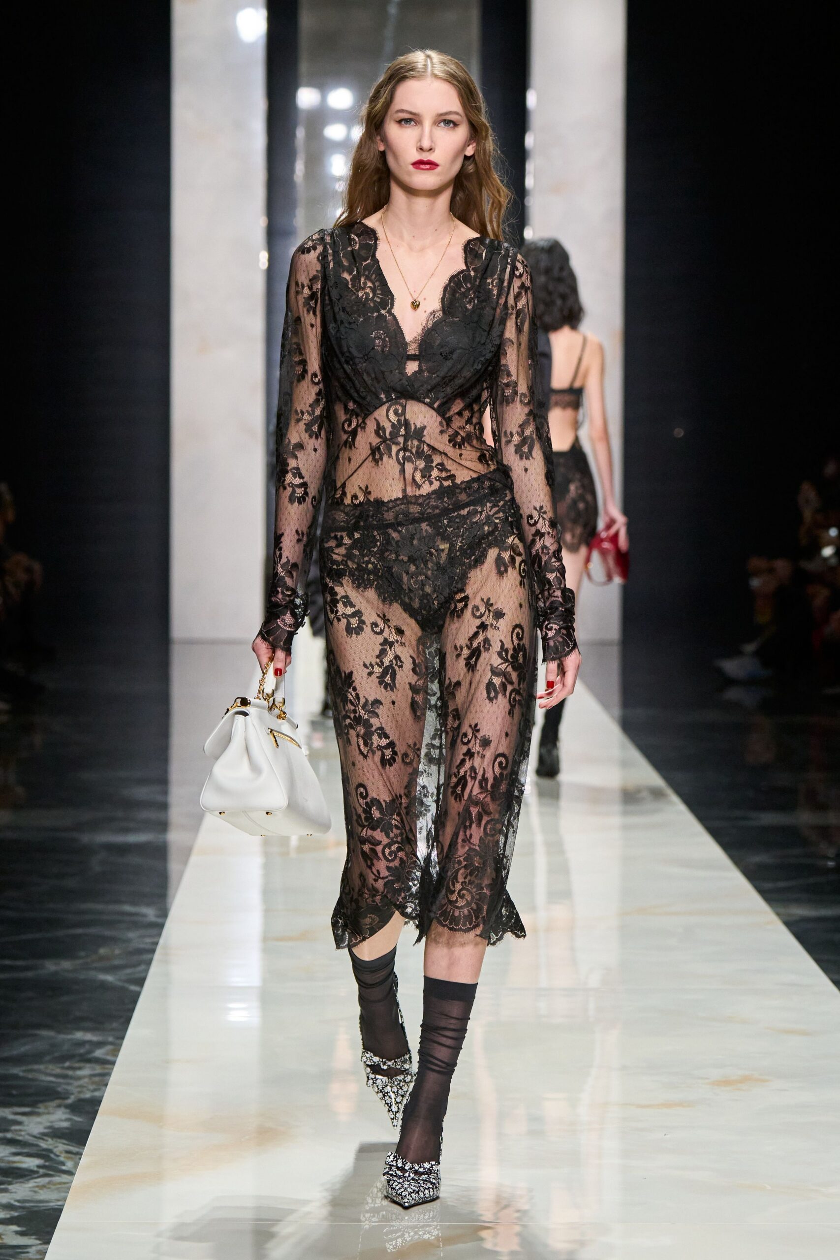 black lace long-sleeve v-neck fitted embroidered dress