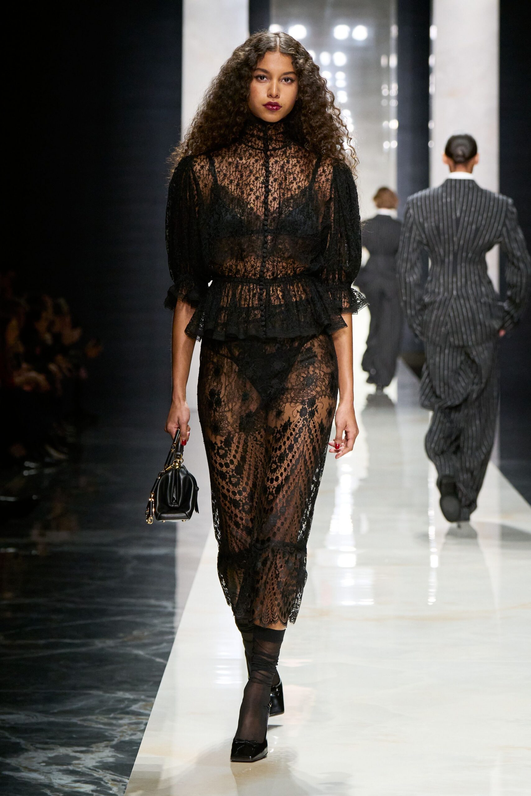 black lace long-sleeve high-neck fitted pleated tiered dress