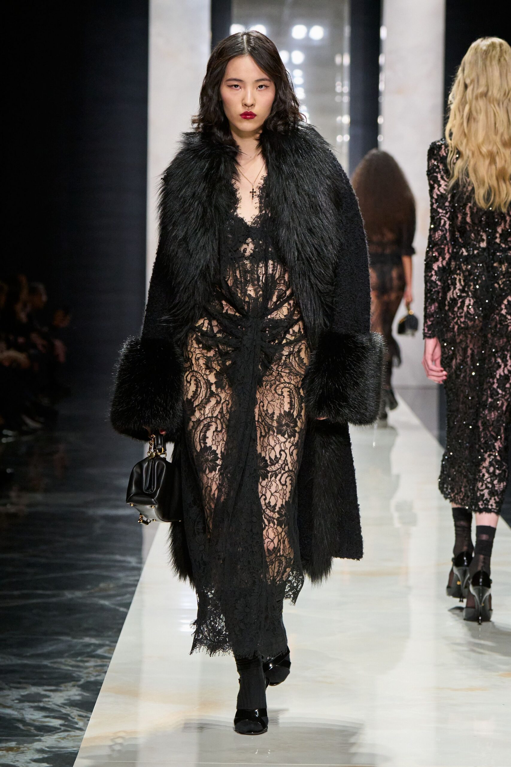 black lace long-sleeve v-neck fitted embroidered sheer dress