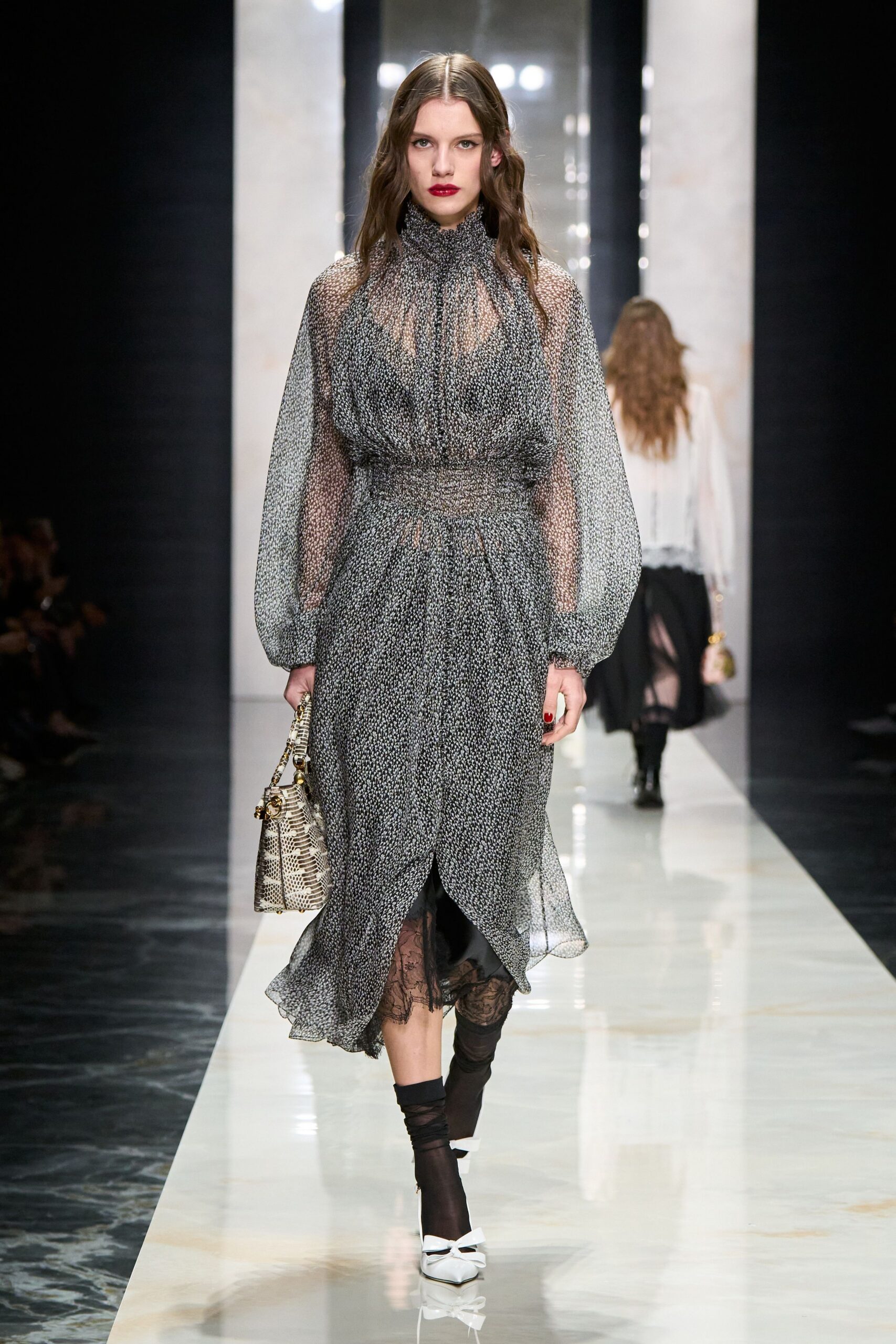 black silk long-sleeve high-neck fitted pleated draped dress
