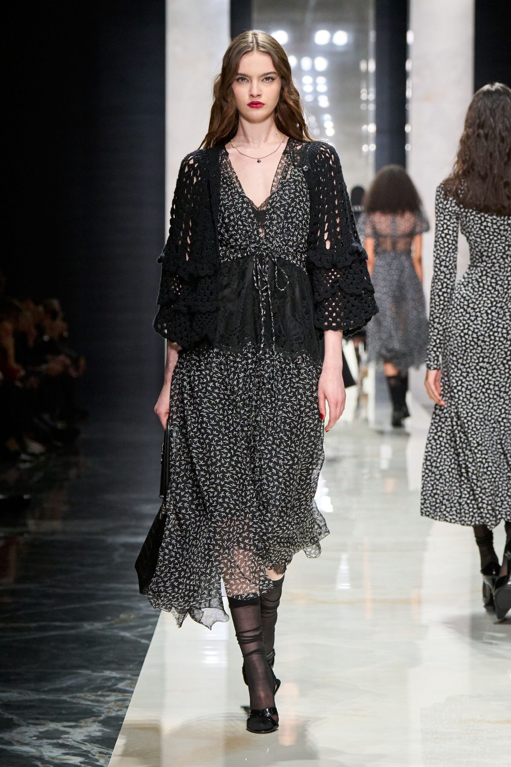black silk long-sleeve v-neck fitted floral tiered dress