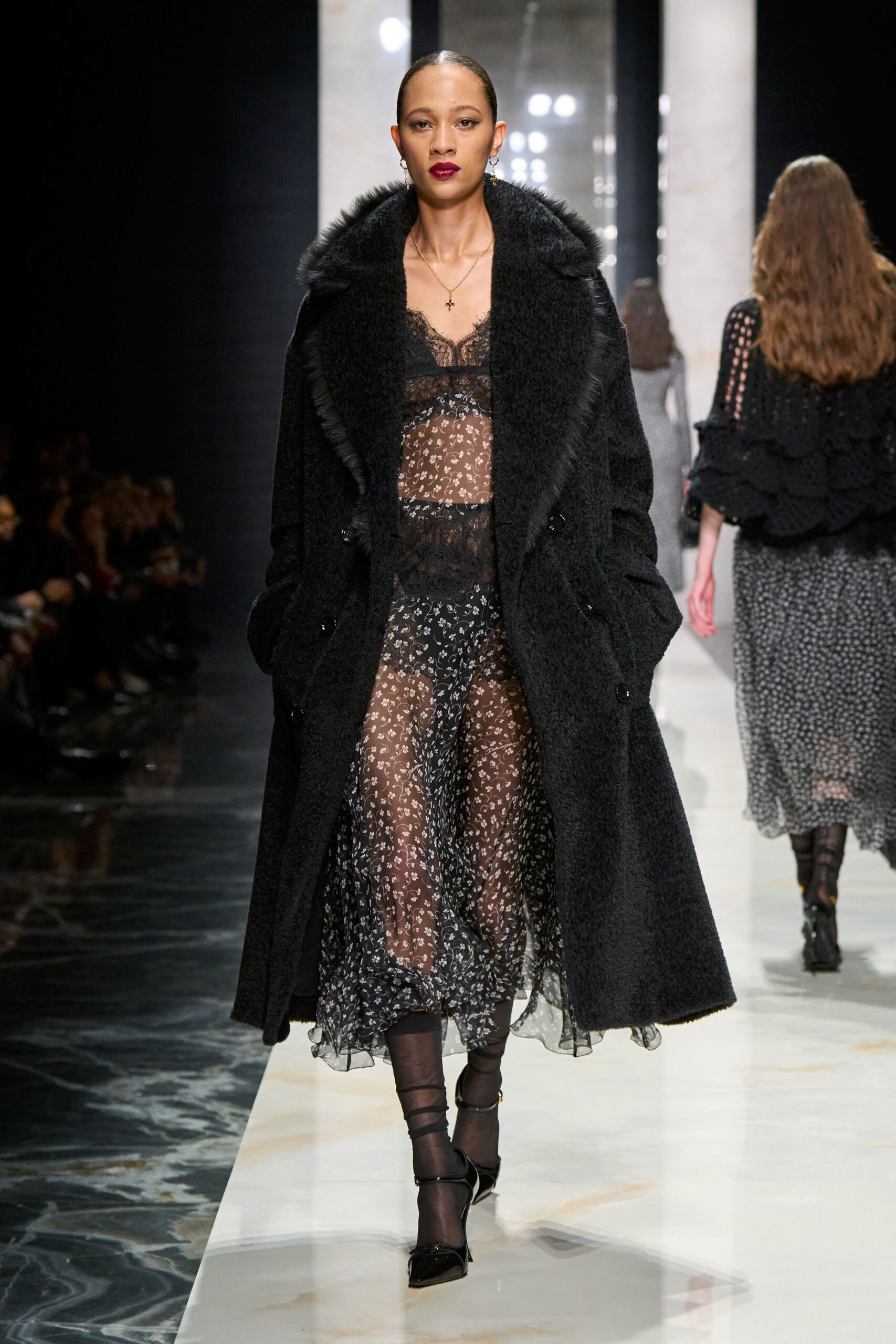 black fur long-sleeve collared relaxed draped maxi coat