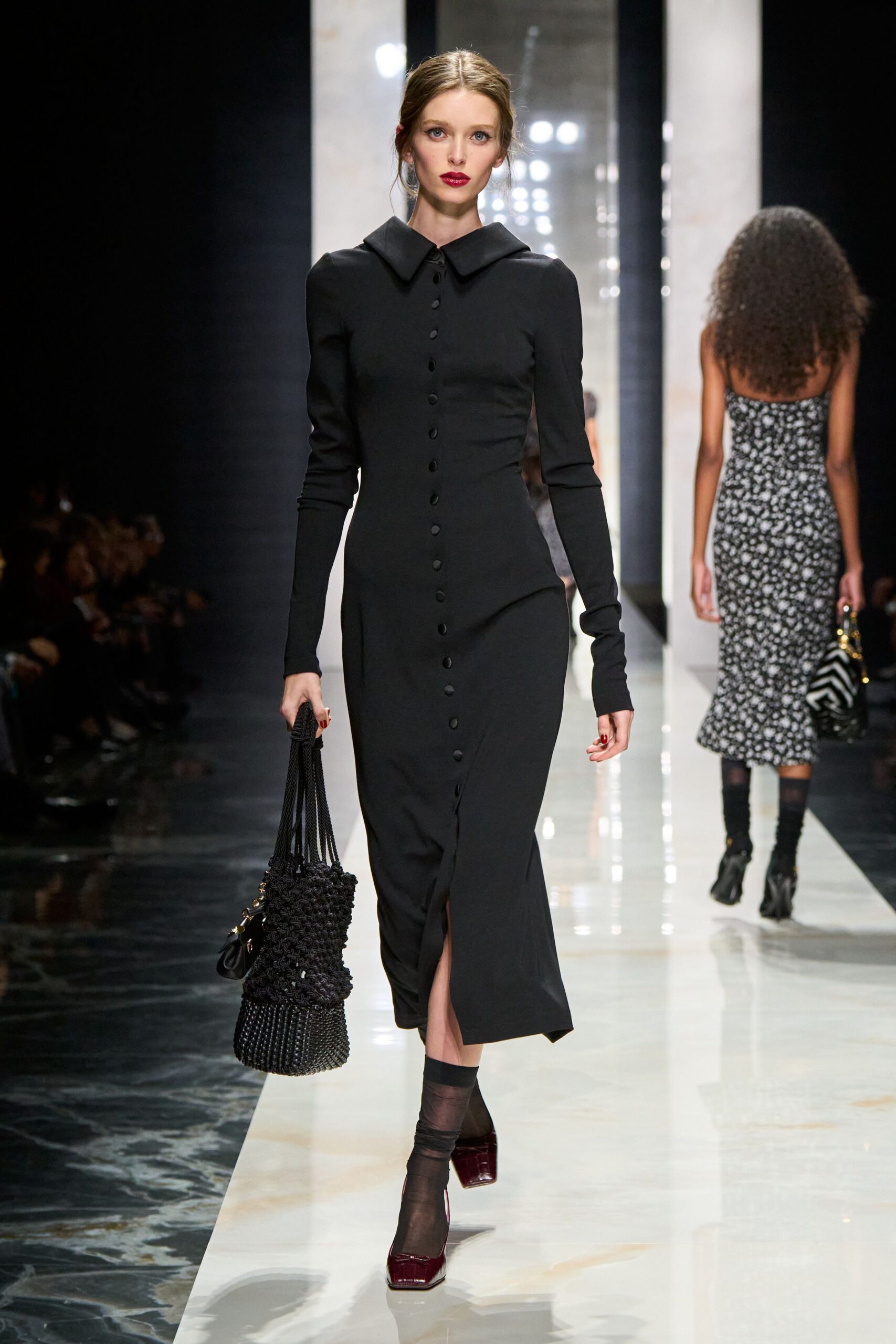 black cotton long-sleeve collared fitted buttoned pencil dress