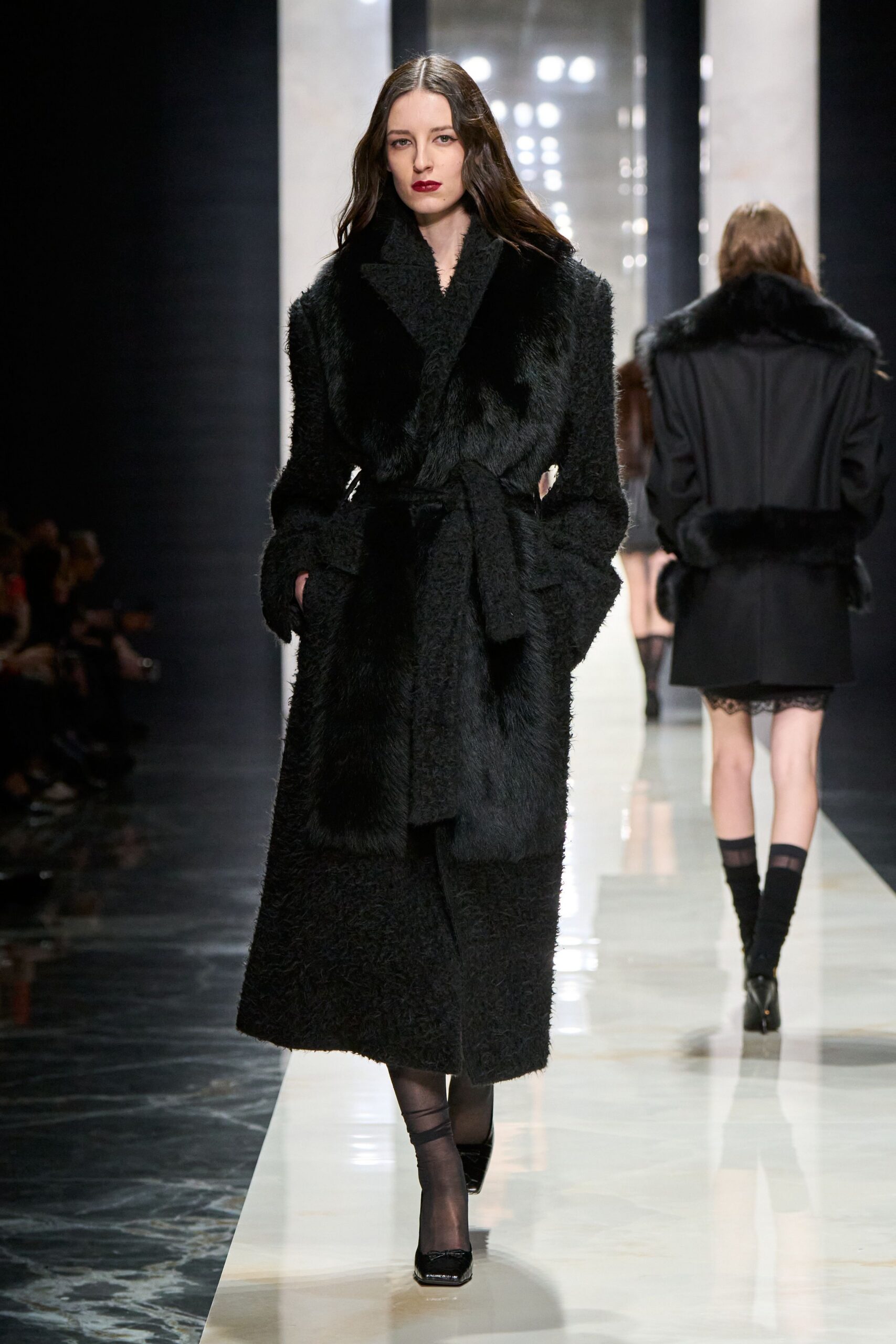 black faux-fur long-sleeve collared relaxed belted midi coat