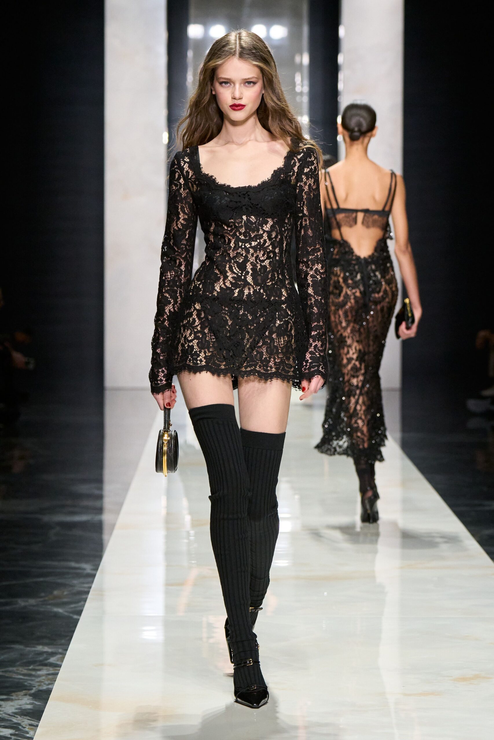 black lace long-sleeve v-neck fitted embroidered sheer dress
