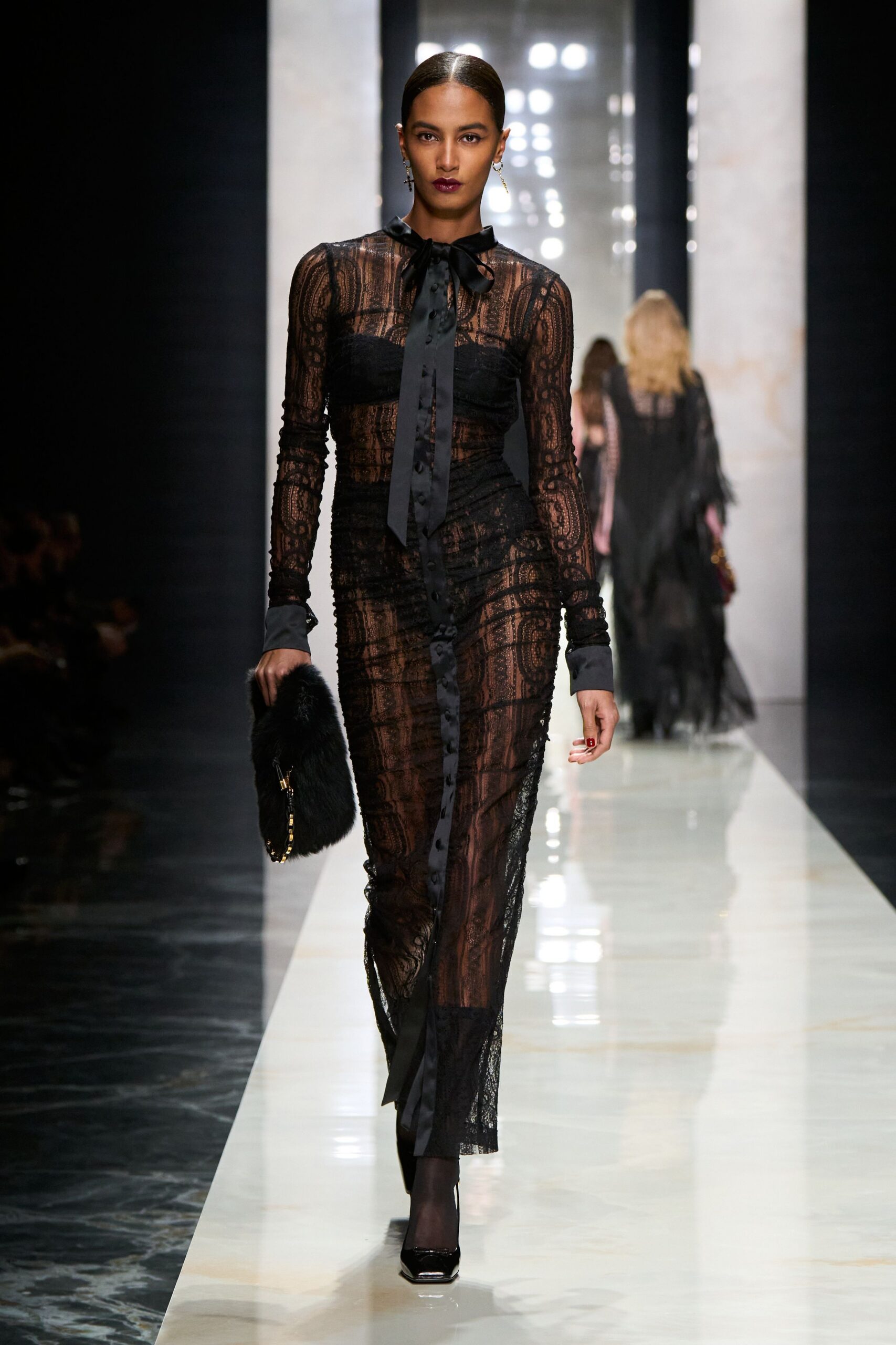 black lace long-sleeve collared fitted buttoned gown