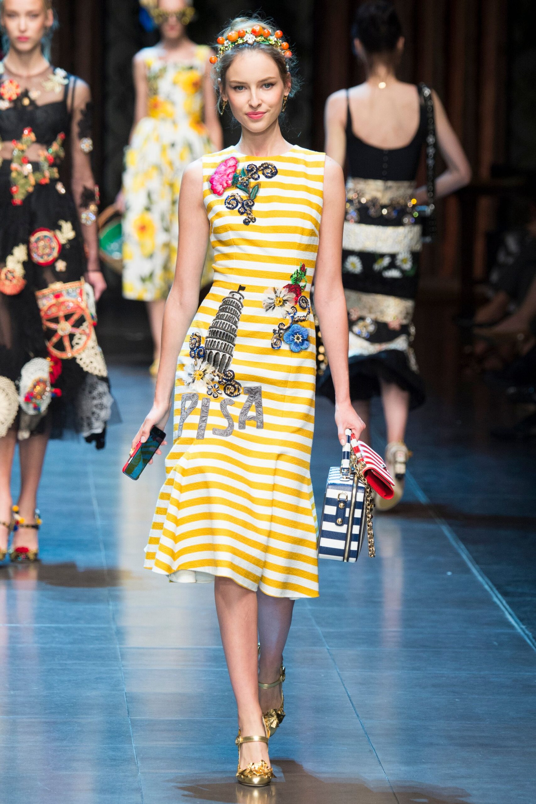yellow cotton sleeveless v-neck fitted striped embroidered dress