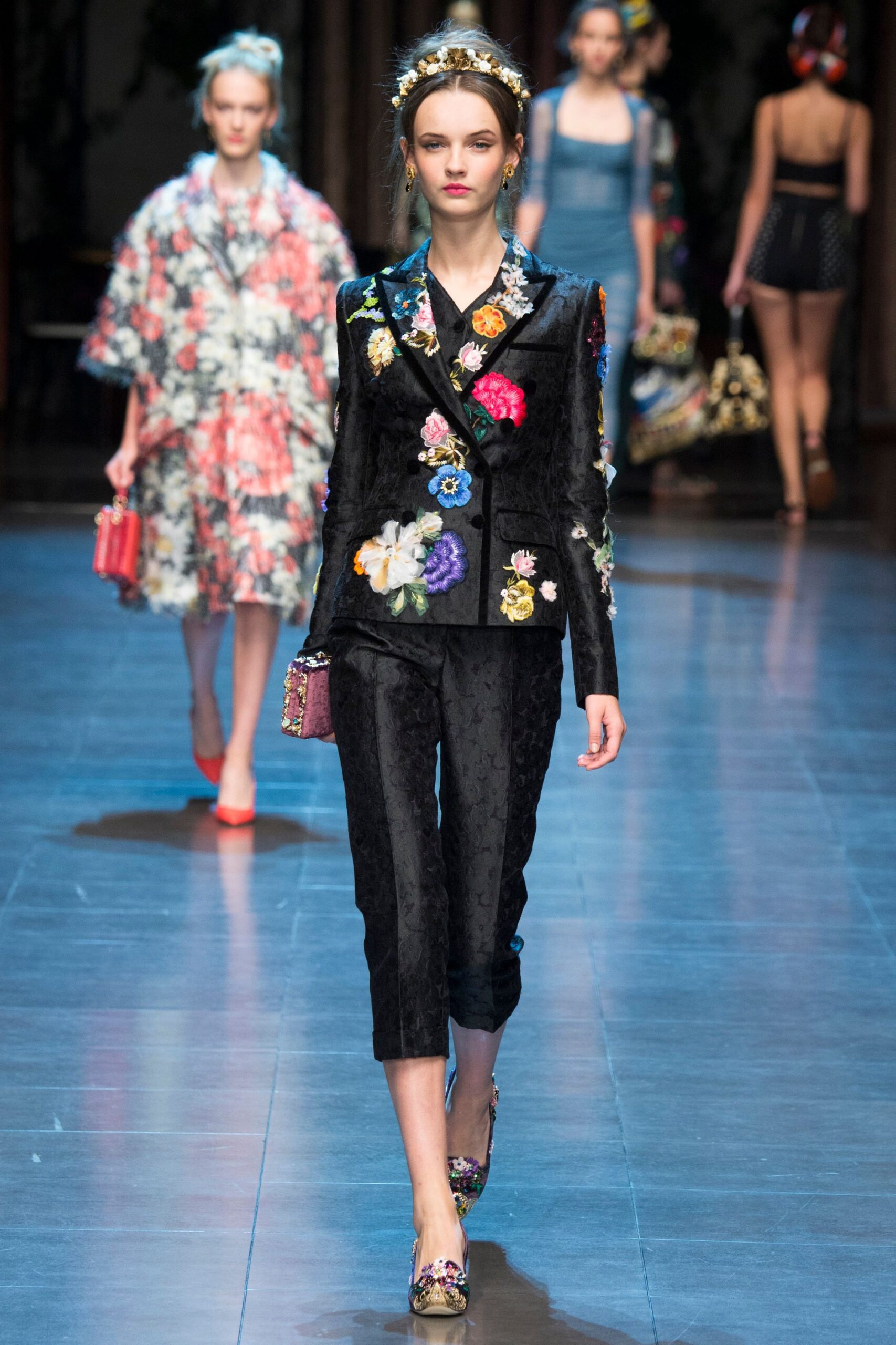 black embroidered suit with multi shoes