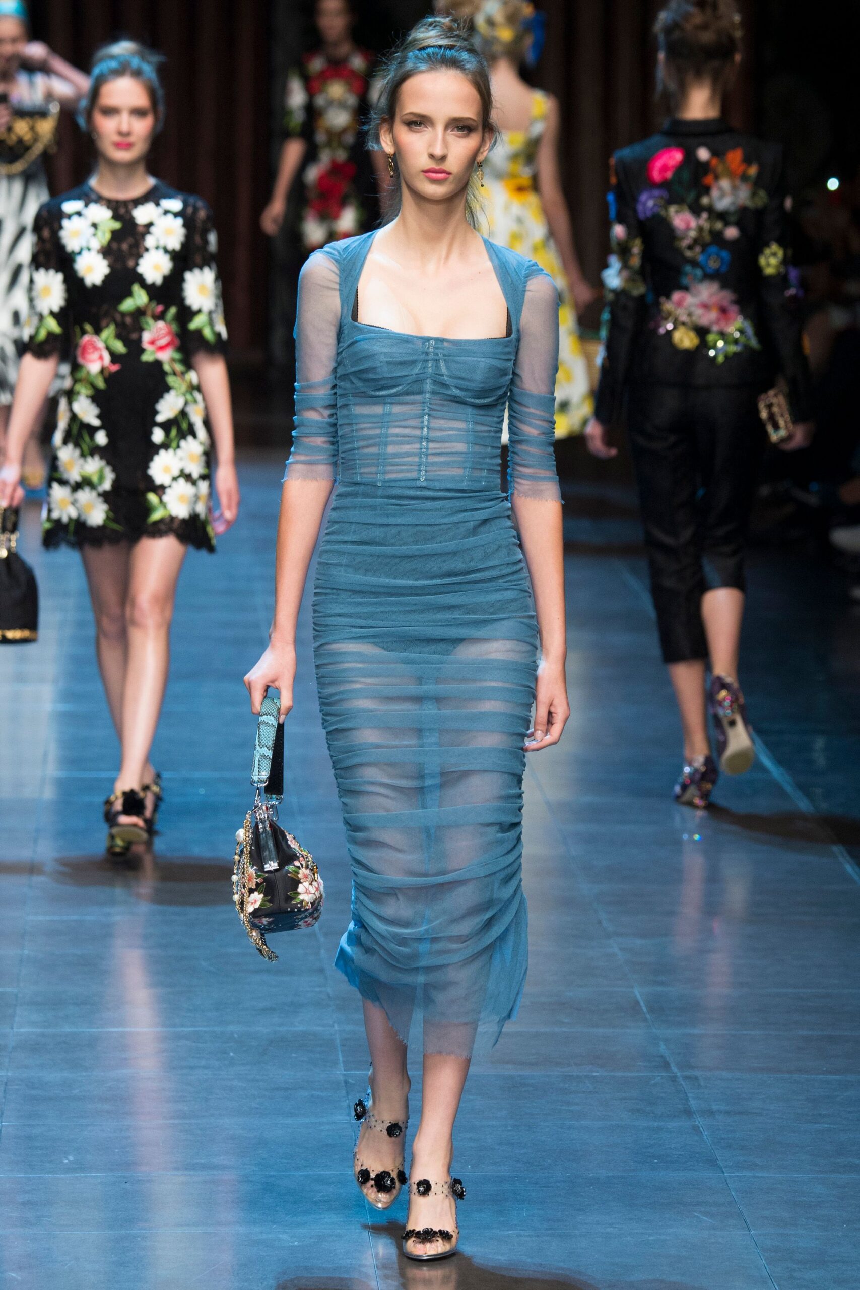 blue silk sleeveless square-neck fitted ruched dress