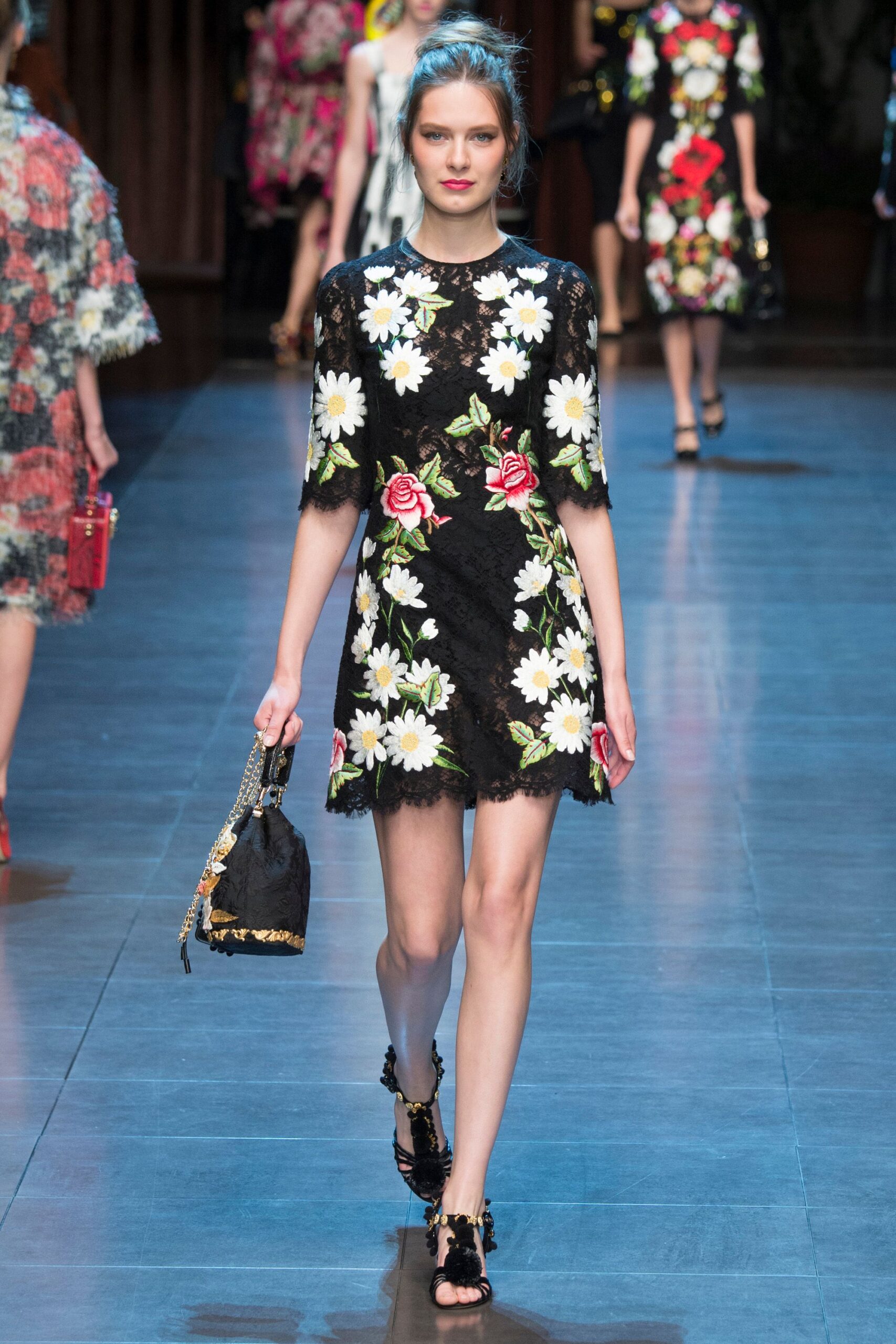 black lace short-sleeve collared fitted embroidered flared dress