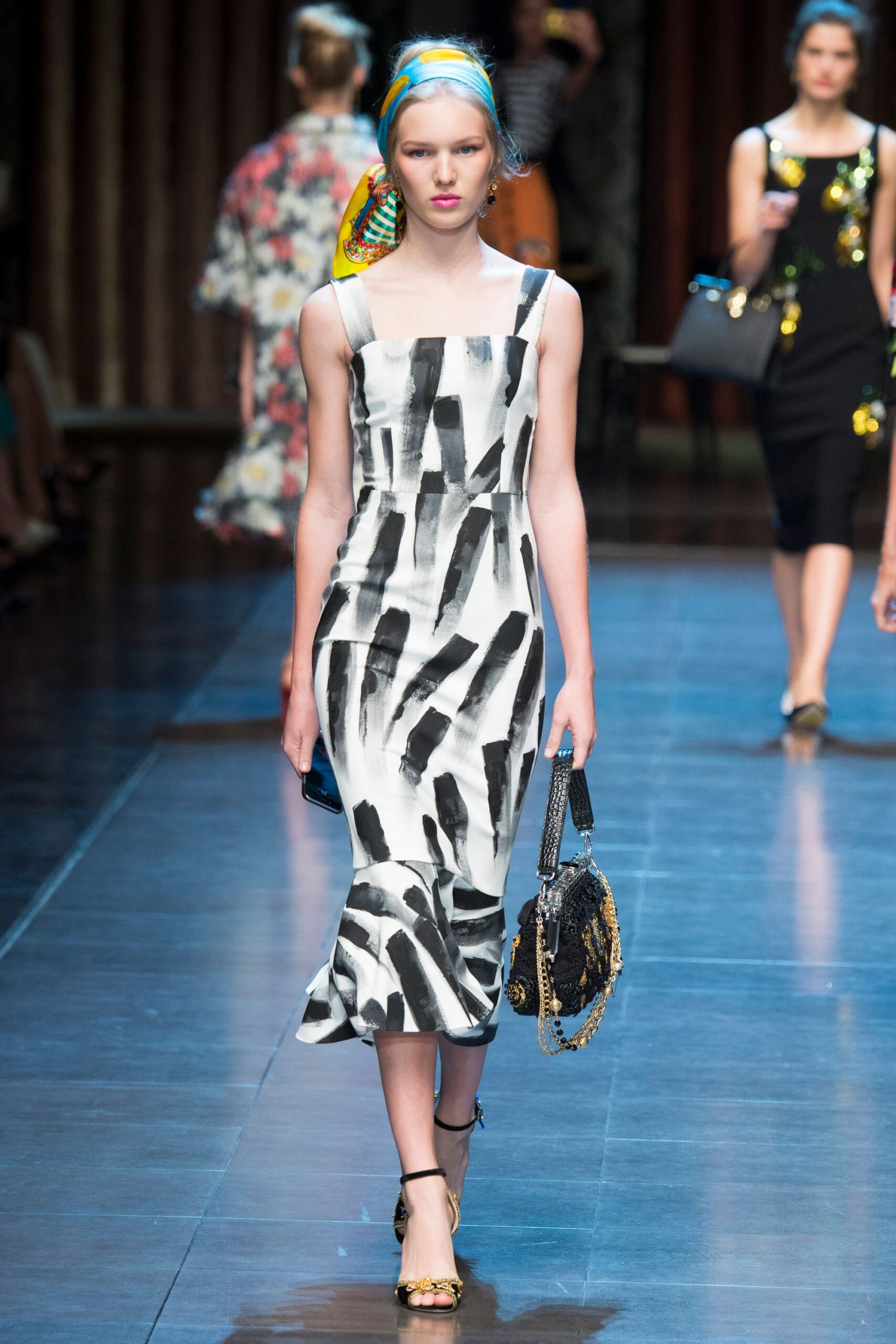 white silk sleeveless square-neck fitted printed midi dress