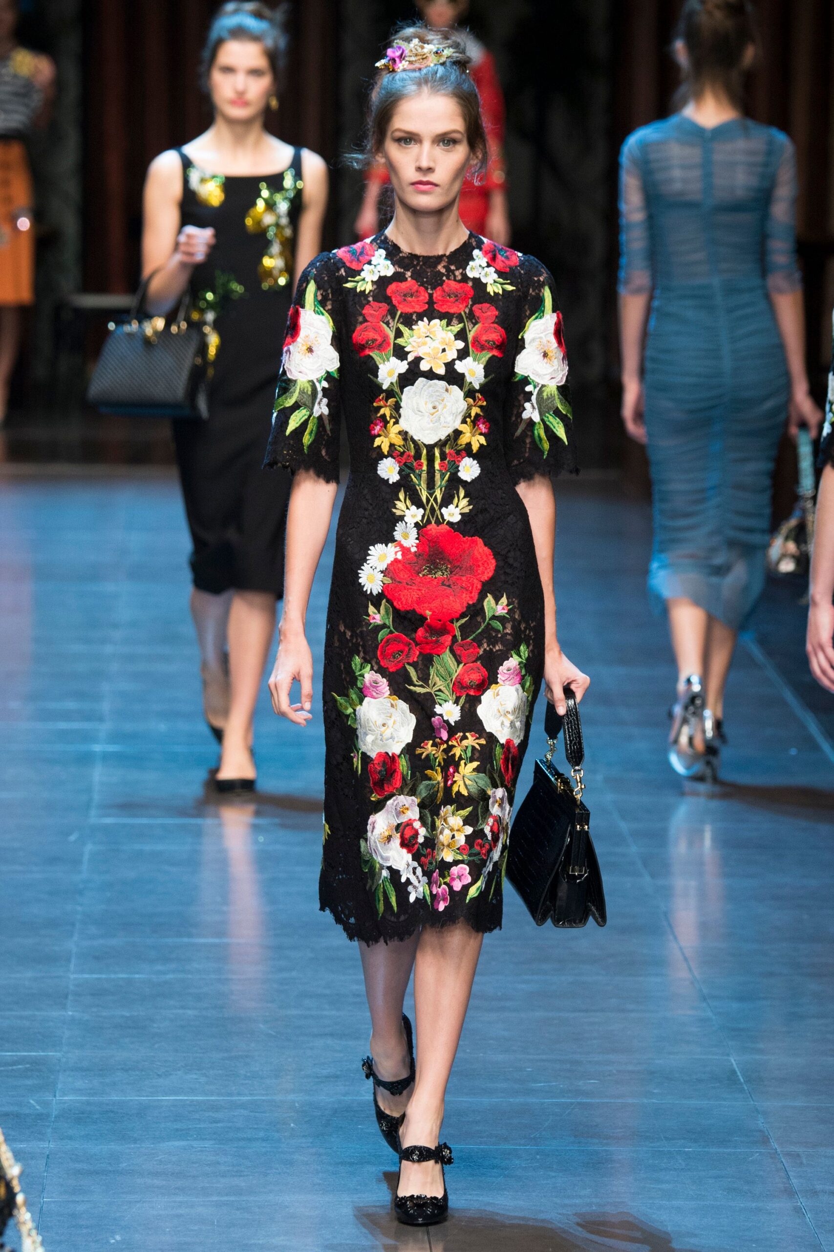 black embroidered lace midi dress