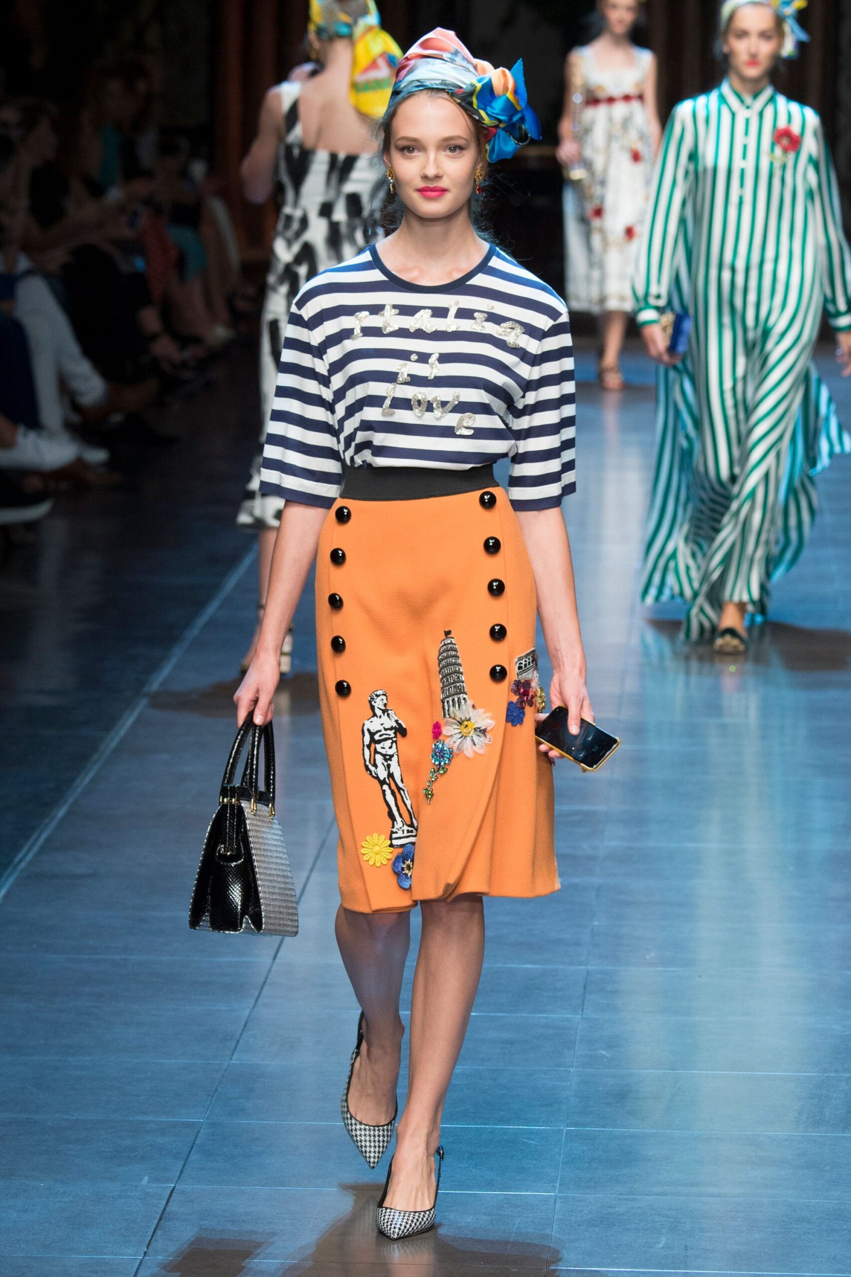 orange cotton fitted buttoned embroidered midi skirt