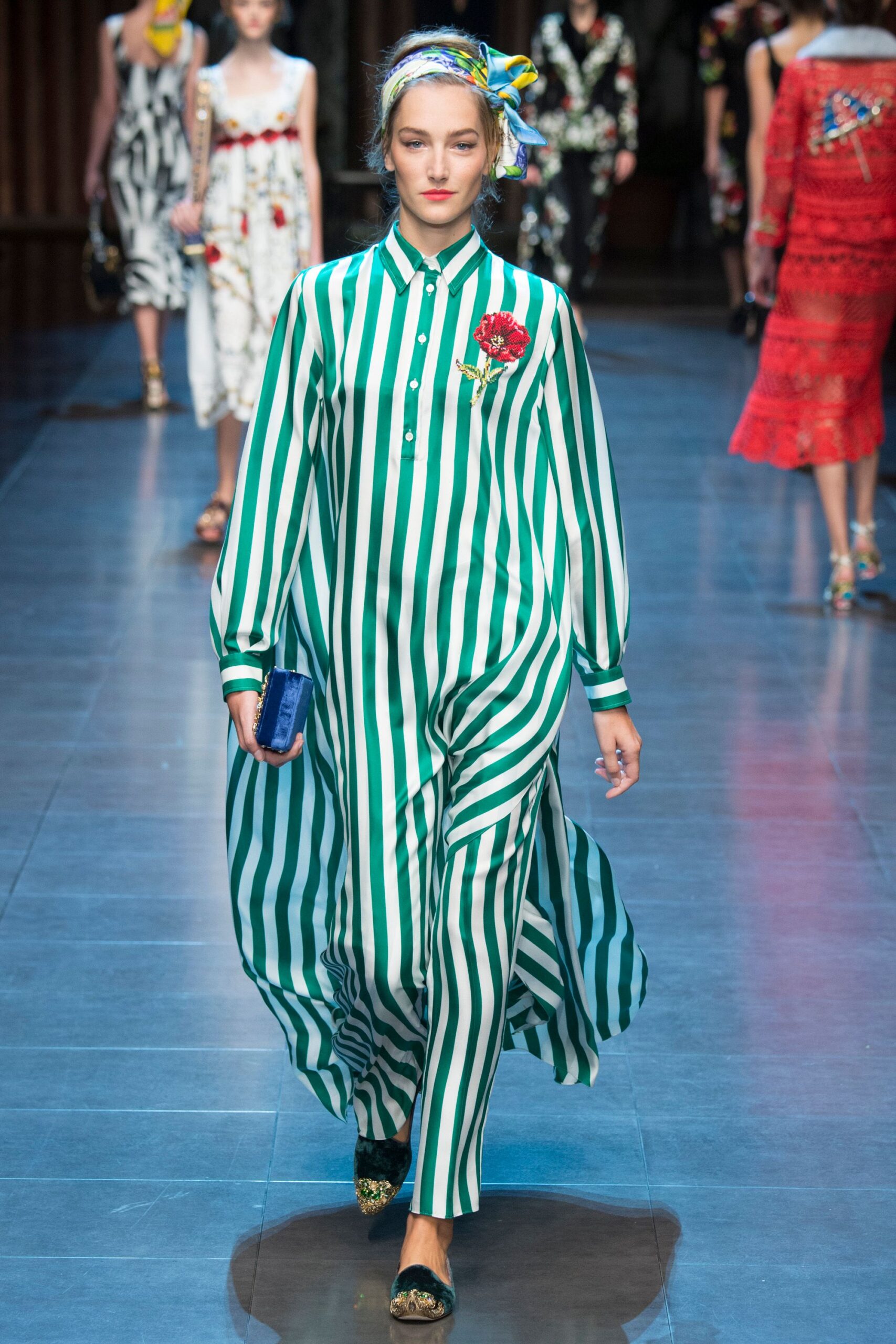 green long-sleeve collared relaxed striped maxi shirt-dress