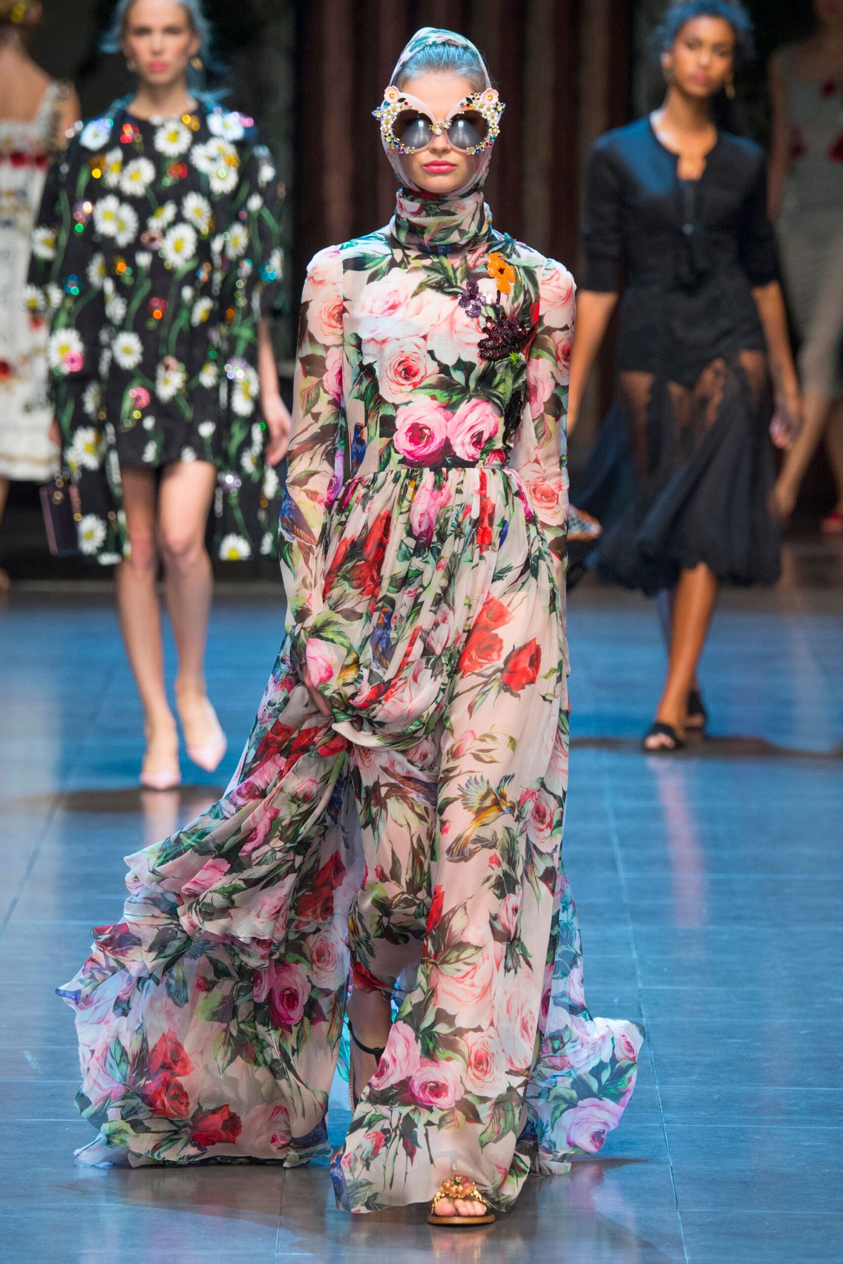 pink chiffon long-sleeve high-neck fitted floral layered gown