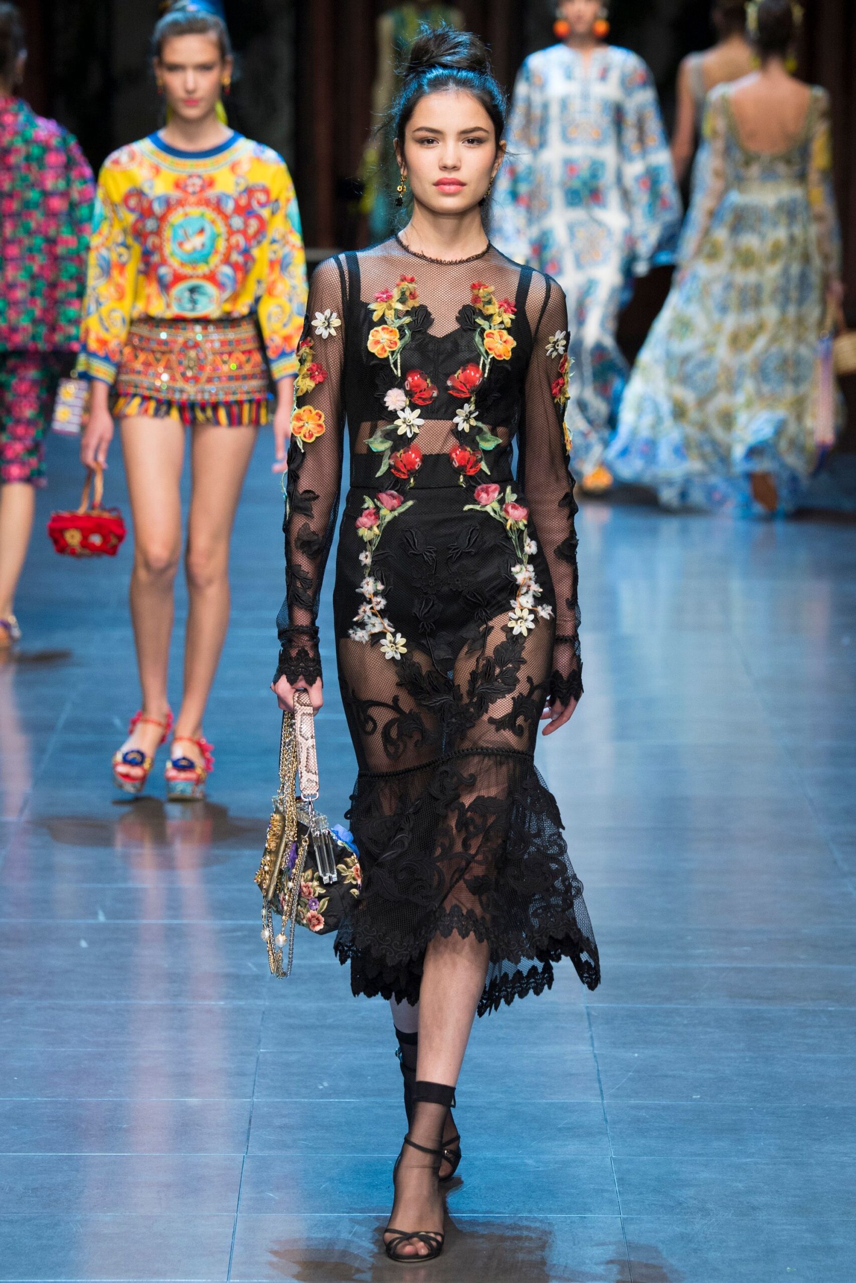 black lace long-sleeve v-neck fitted embroidered tiered dress