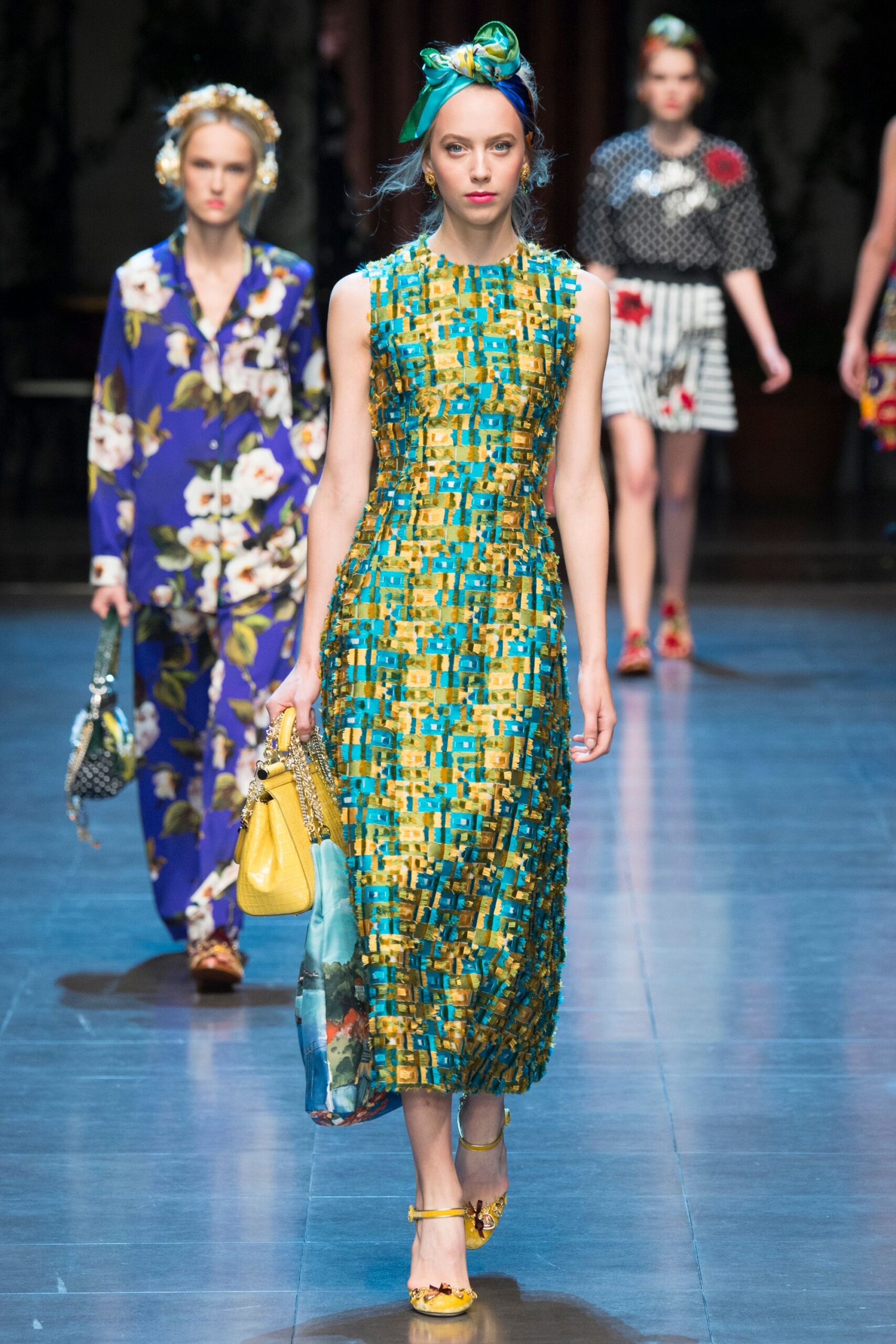 blue yellow green pleated dress