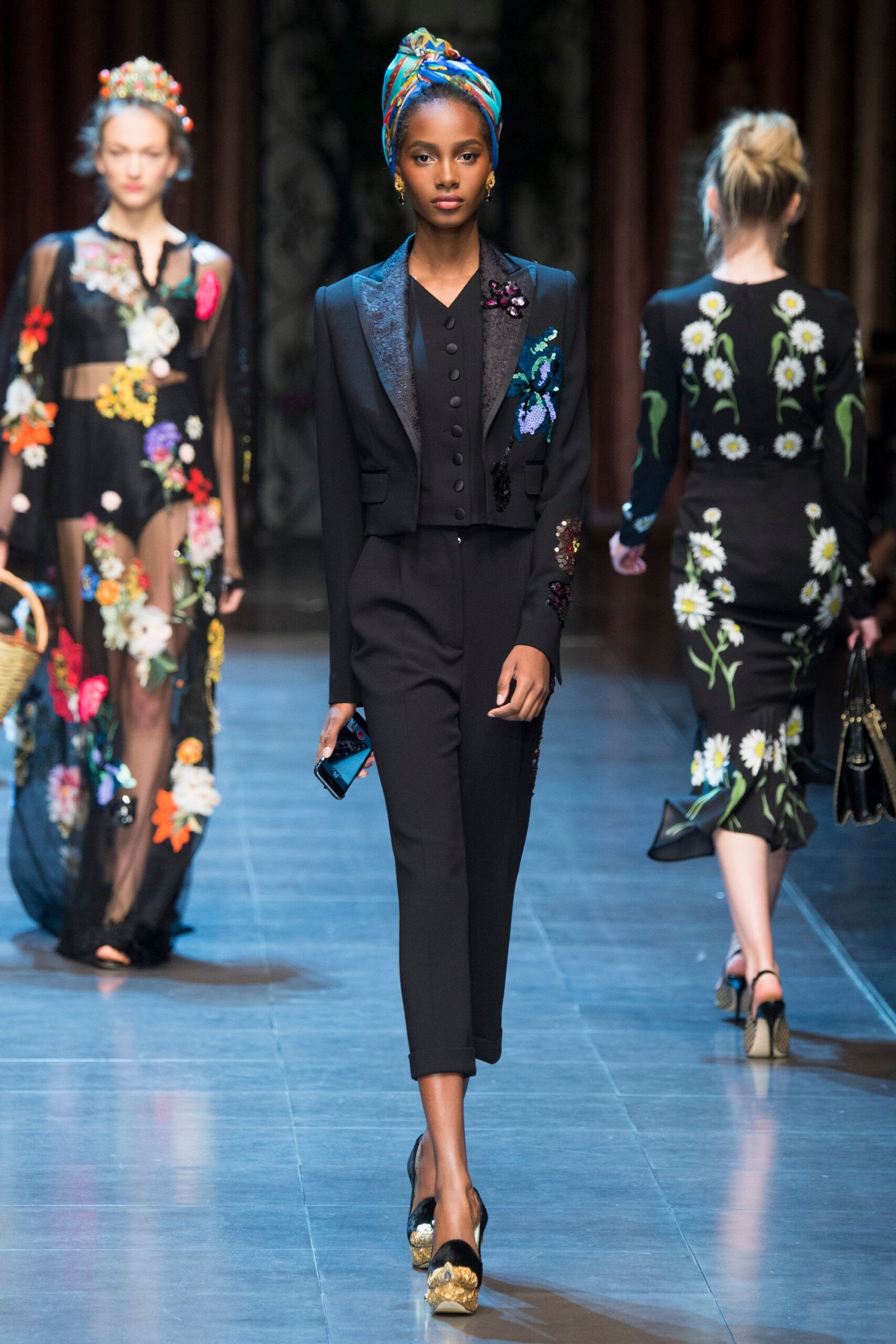 black silk long-sleeve collared fitted embroidered jumpsuit