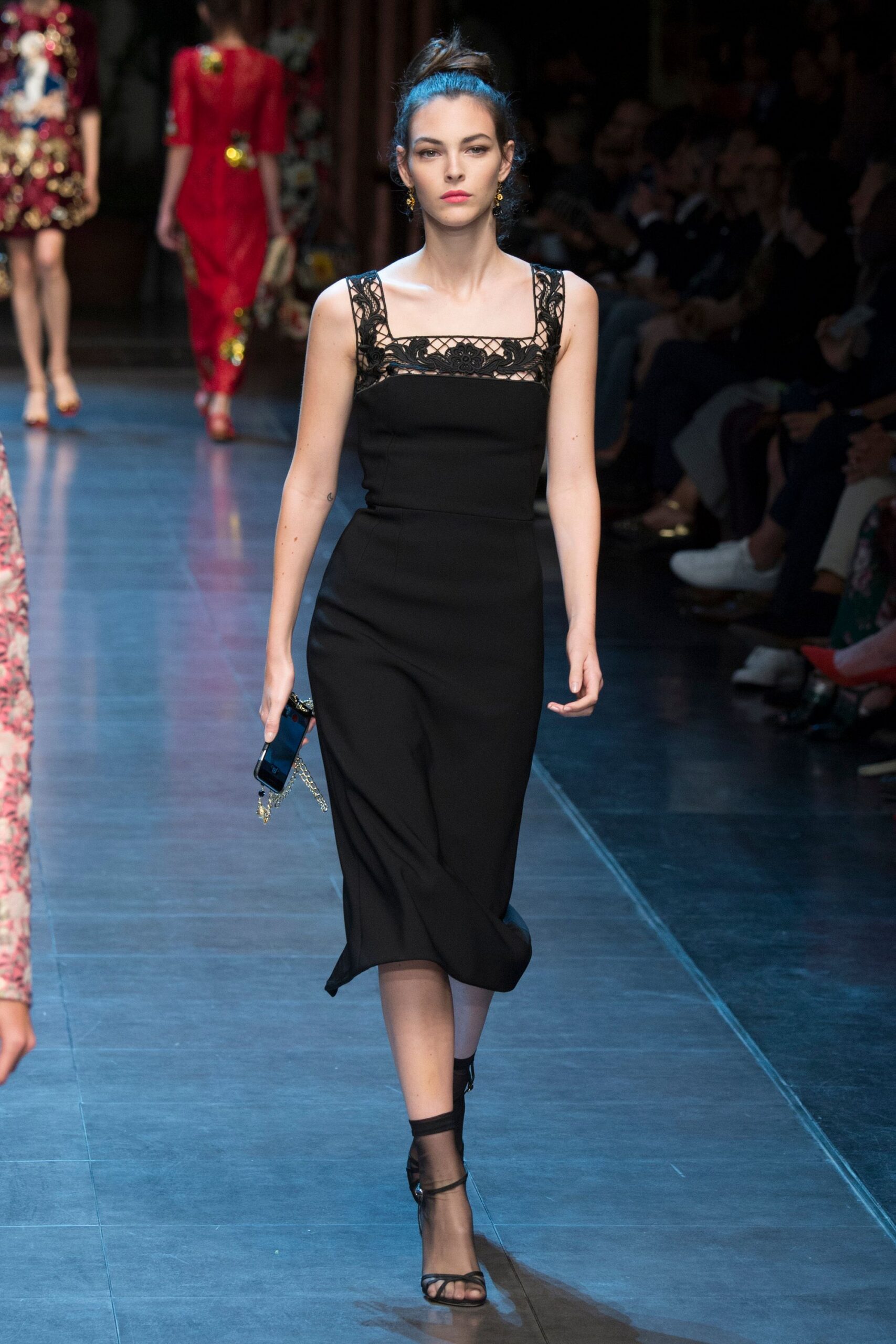black silk sleeveless square-neck fitted draped midi dress