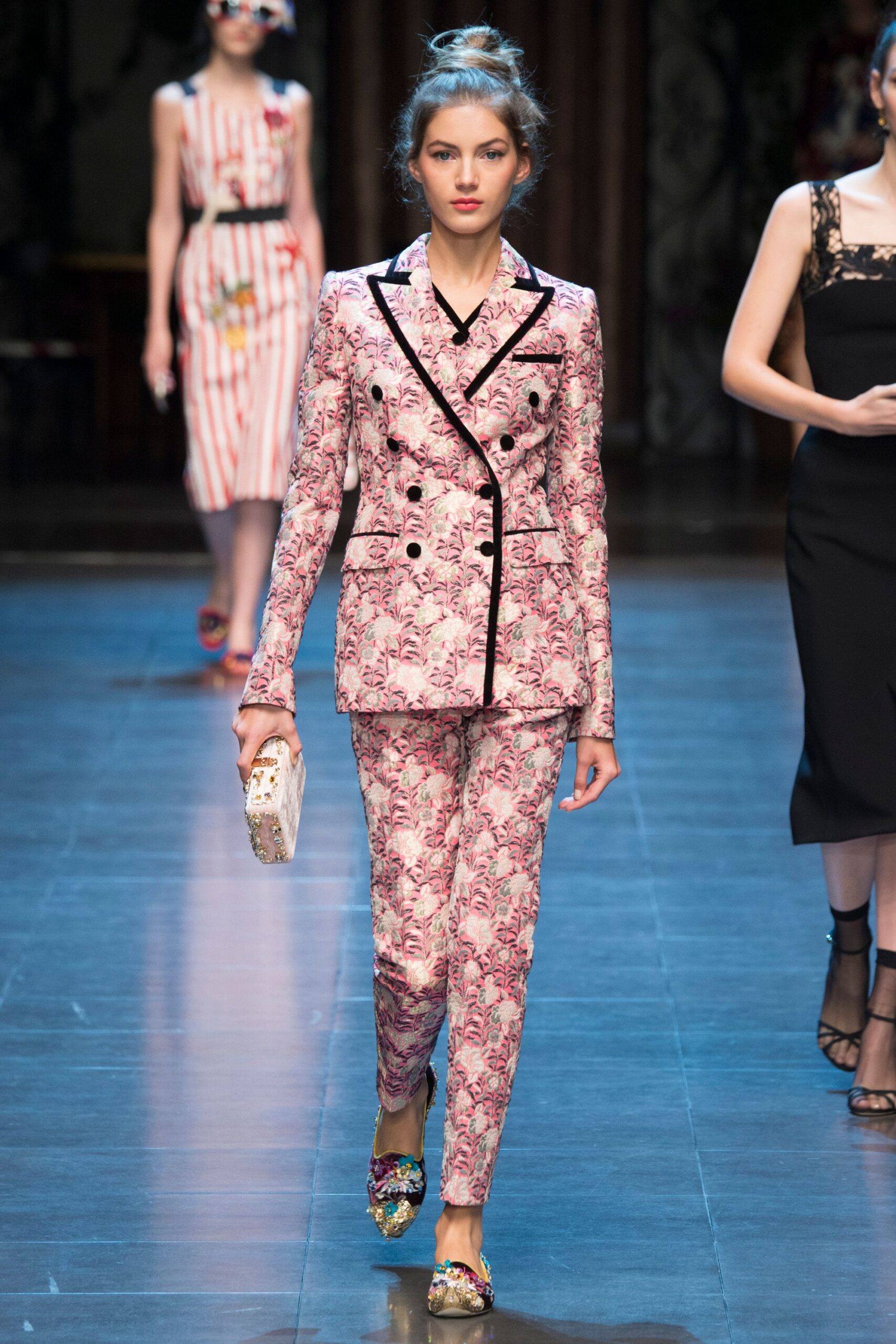 pink silk fitted floral straight-leg pants