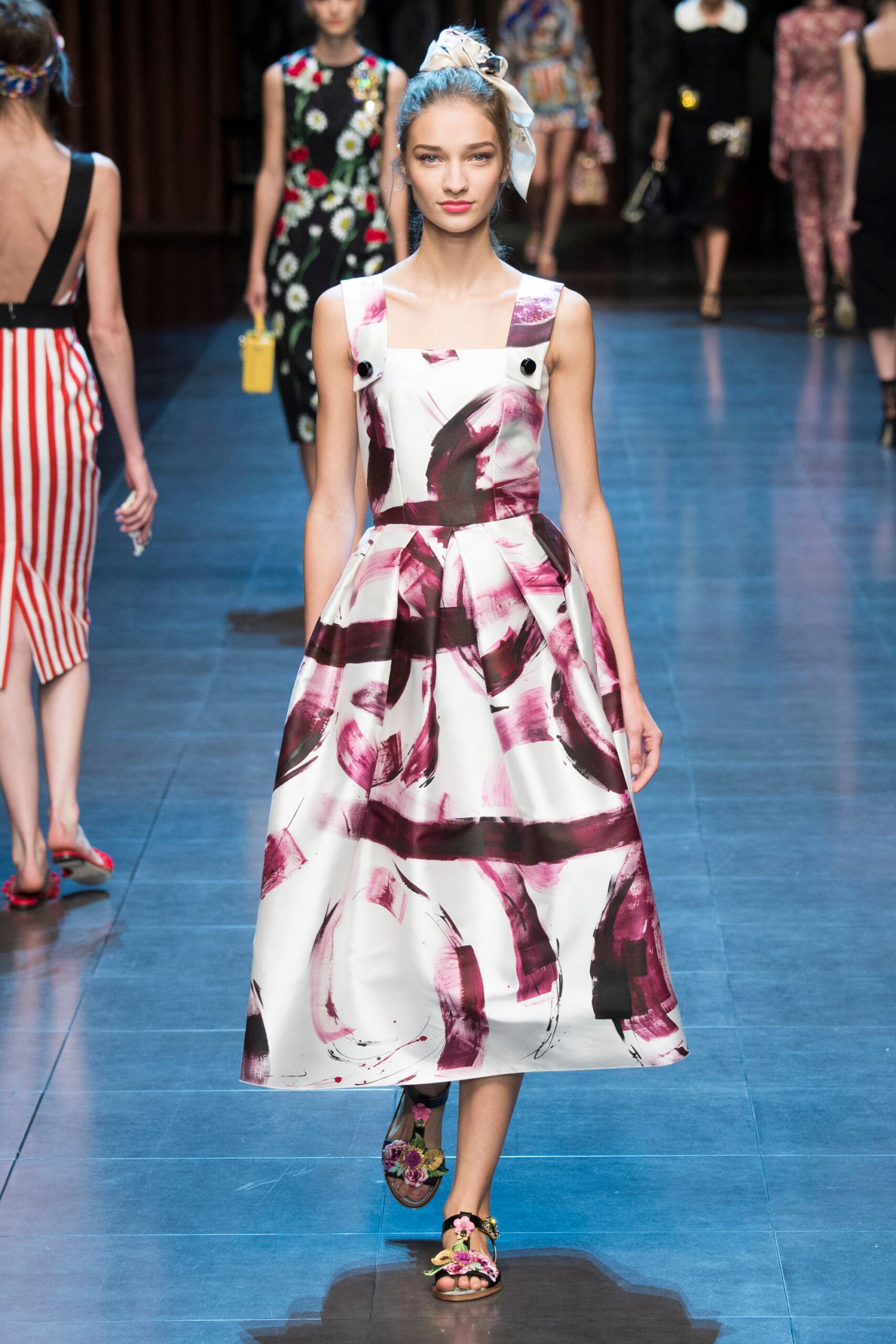 white cotton sleeveless square-neck fitted printed tiered dress